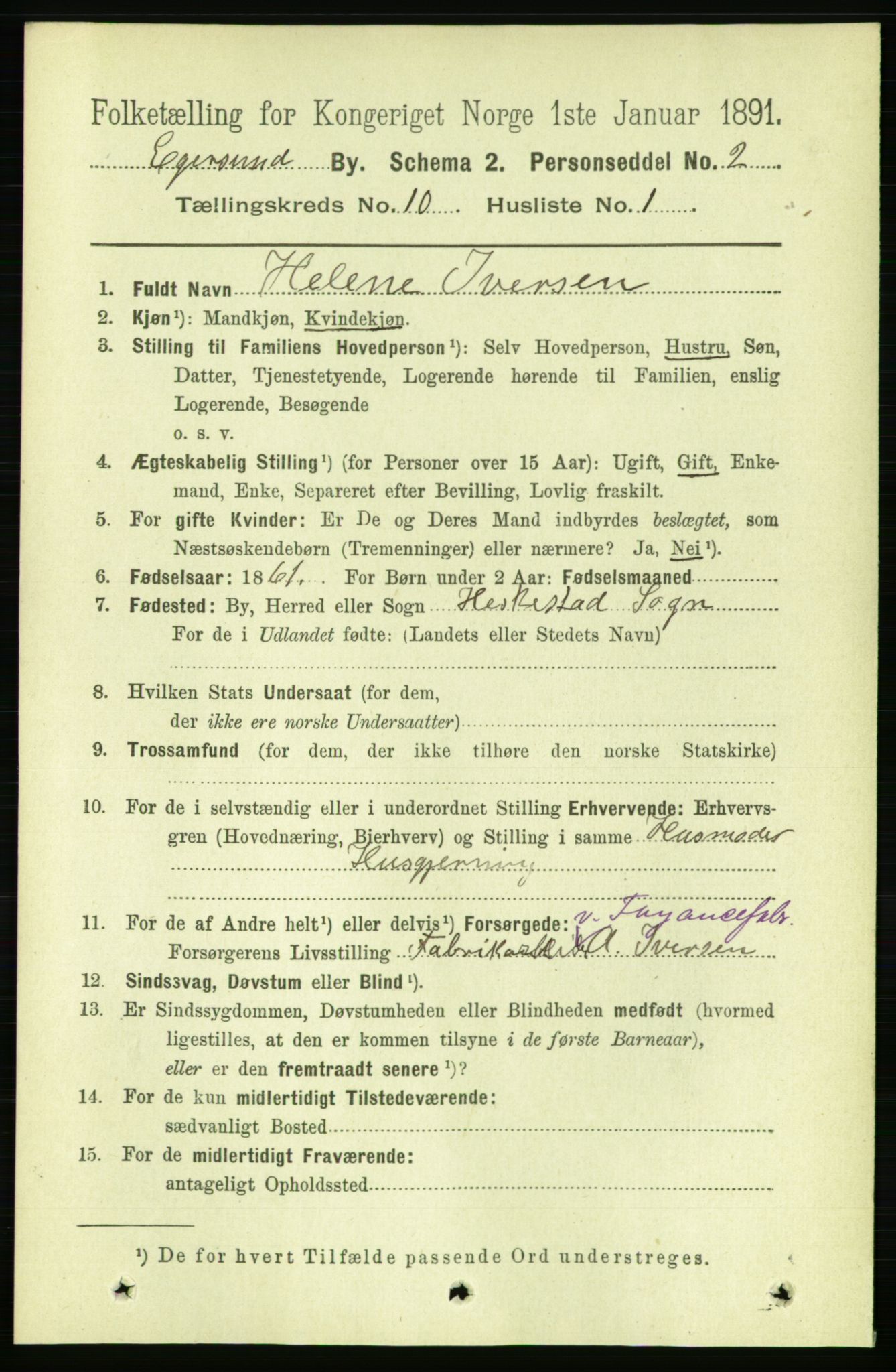 RA, 1891 census for 1101 Egersund, 1891, p. 1727