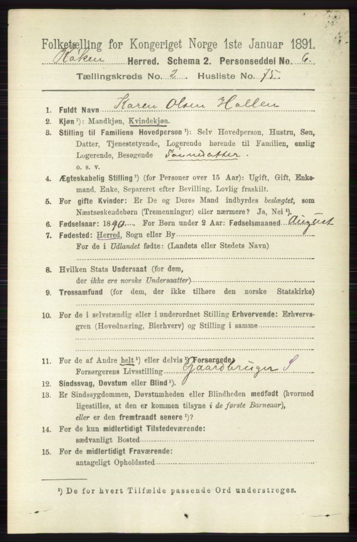 RA, 1891 census for 0627 Røyken, 1891, p. 1091