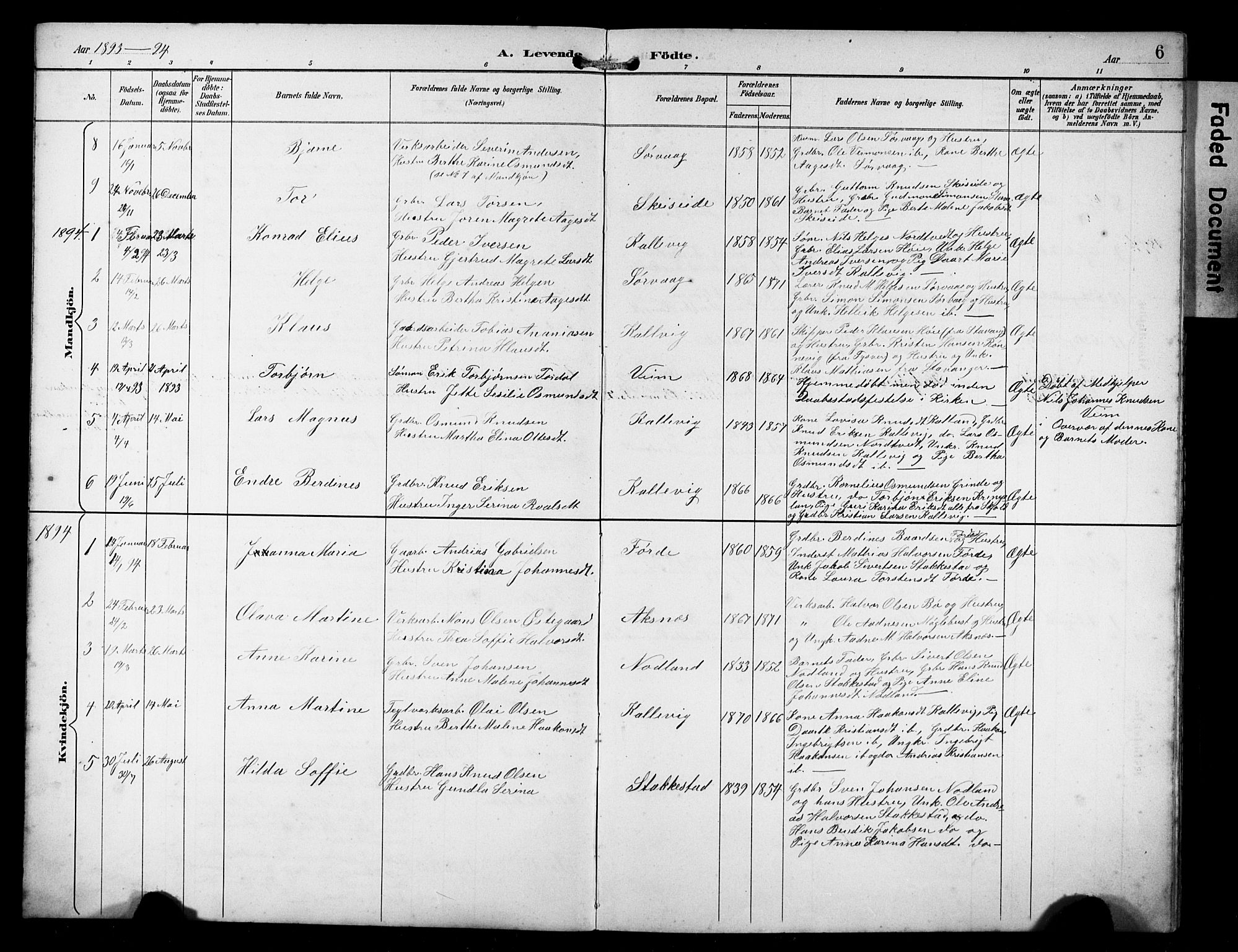 Avaldsnes sokneprestkontor, SAST/A -101851/H/Ha/Hab/L0011: Parish register (copy) no. B 11, 1893-1929, p. 6