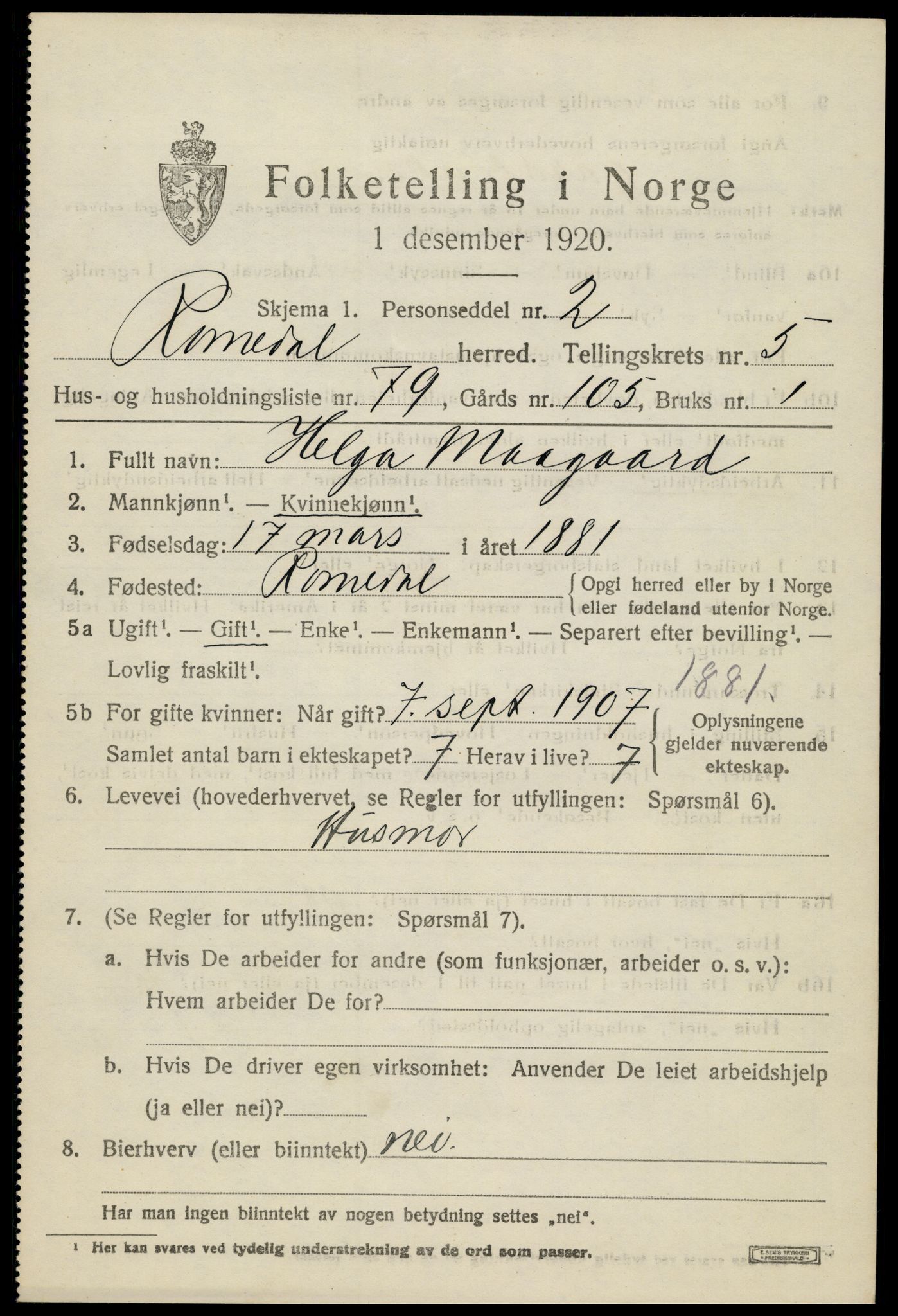 SAH, 1920 census for Romedal, 1920, p. 7747