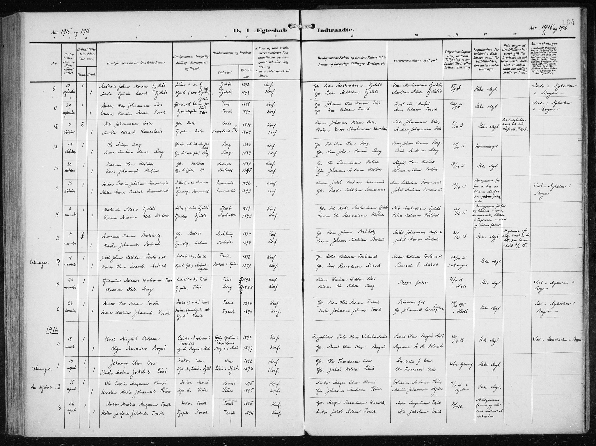 Herdla Sokneprestembete, AV/SAB-A-75701/H/Haa: Parish register (official) no. A 5, 1905-1918, p. 164