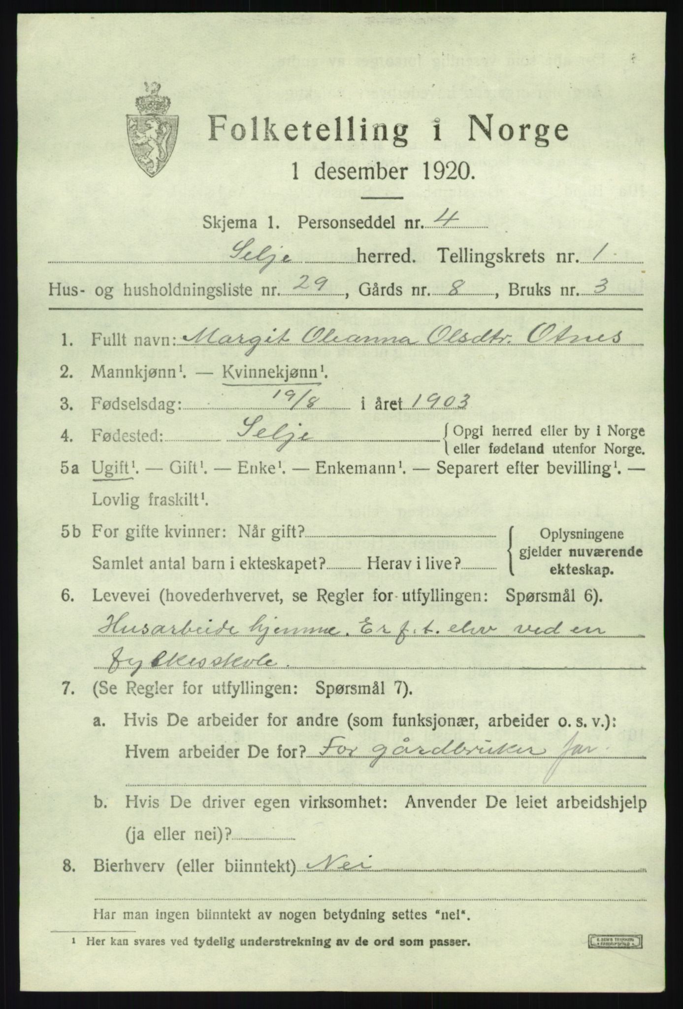 SAB, 1920 census for Selje, 1920, p. 1527