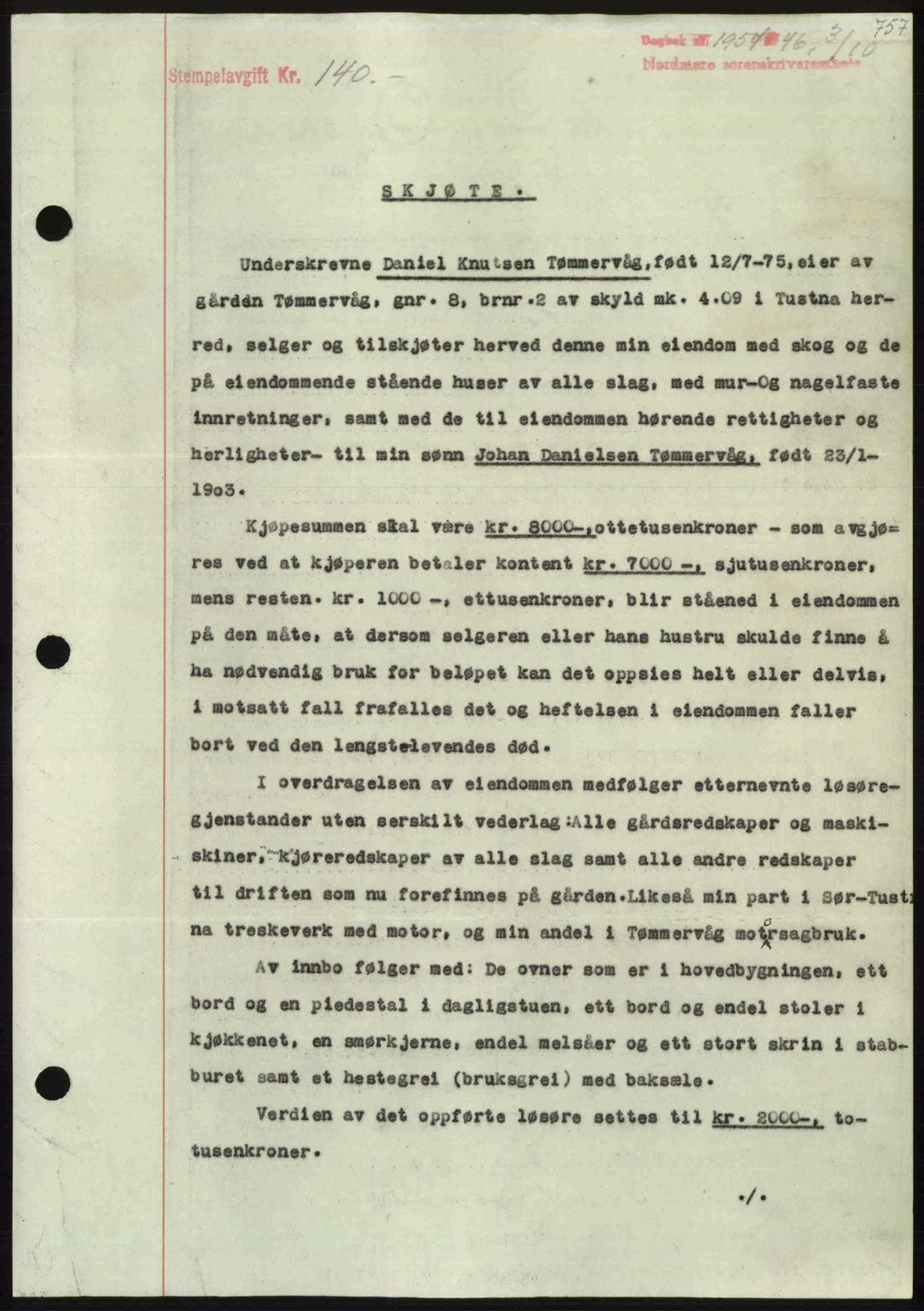 Nordmøre sorenskriveri, AV/SAT-A-4132/1/2/2Ca: Mortgage book no. A102, 1946-1946, Diary no: : 1954/1946