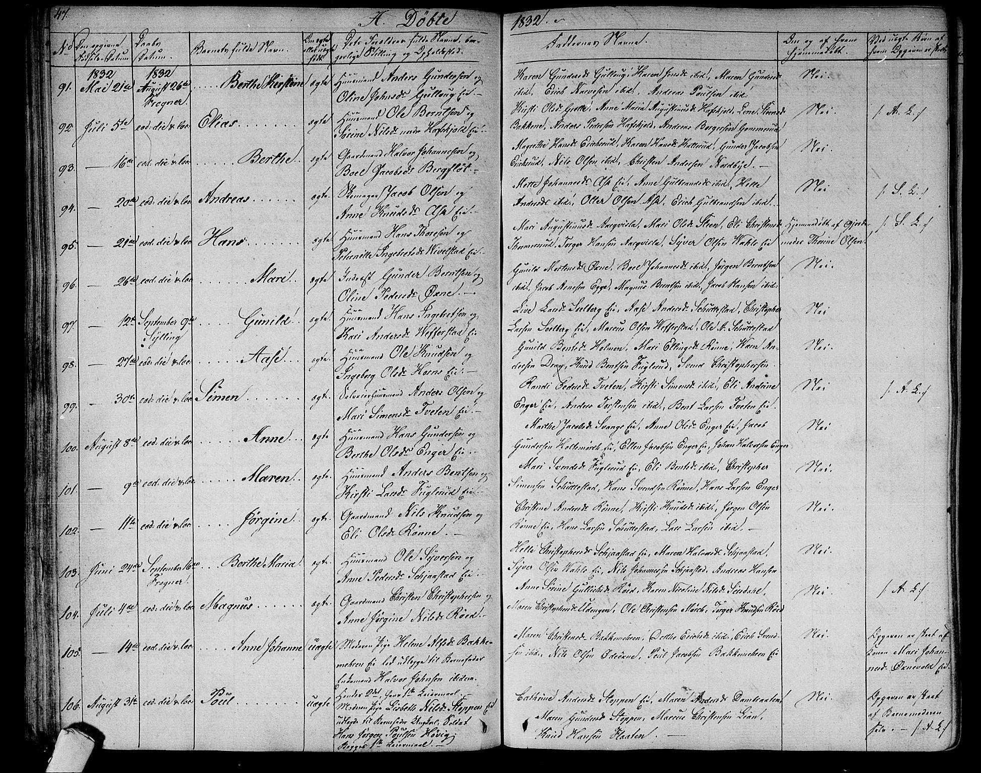 Lier kirkebøker, AV/SAKO-A-230/F/Fa/L0010: Parish register (official) no. I 10, 1827-1843, p. 47