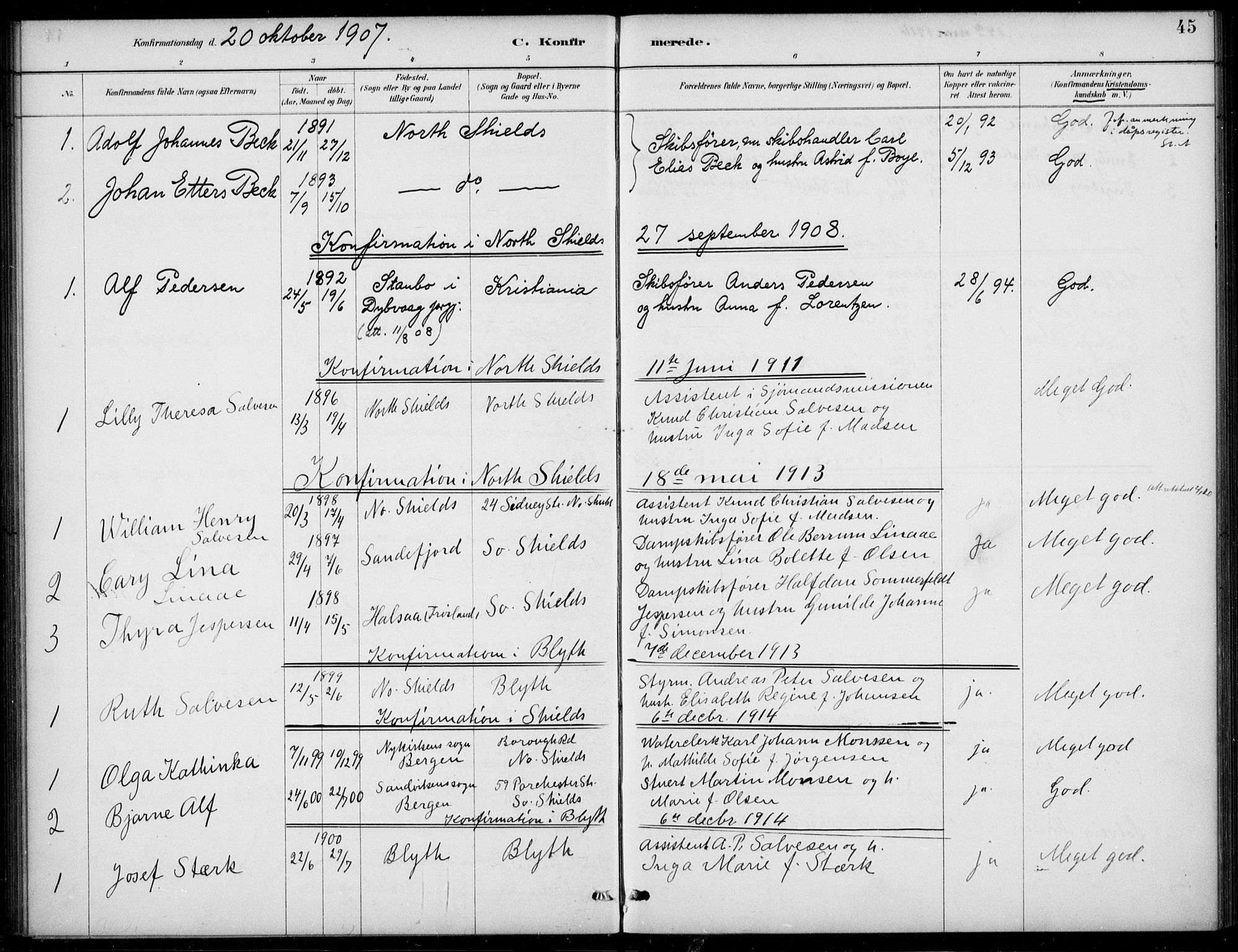 Den norske sjømannsmisjon i utlandet/Tyne-havnene (North Shields og New Castle), SAB/SAB/PA-0101/H/Ha/L0002: Parish register (official) no. A 2, 1883-1938, p. 45
