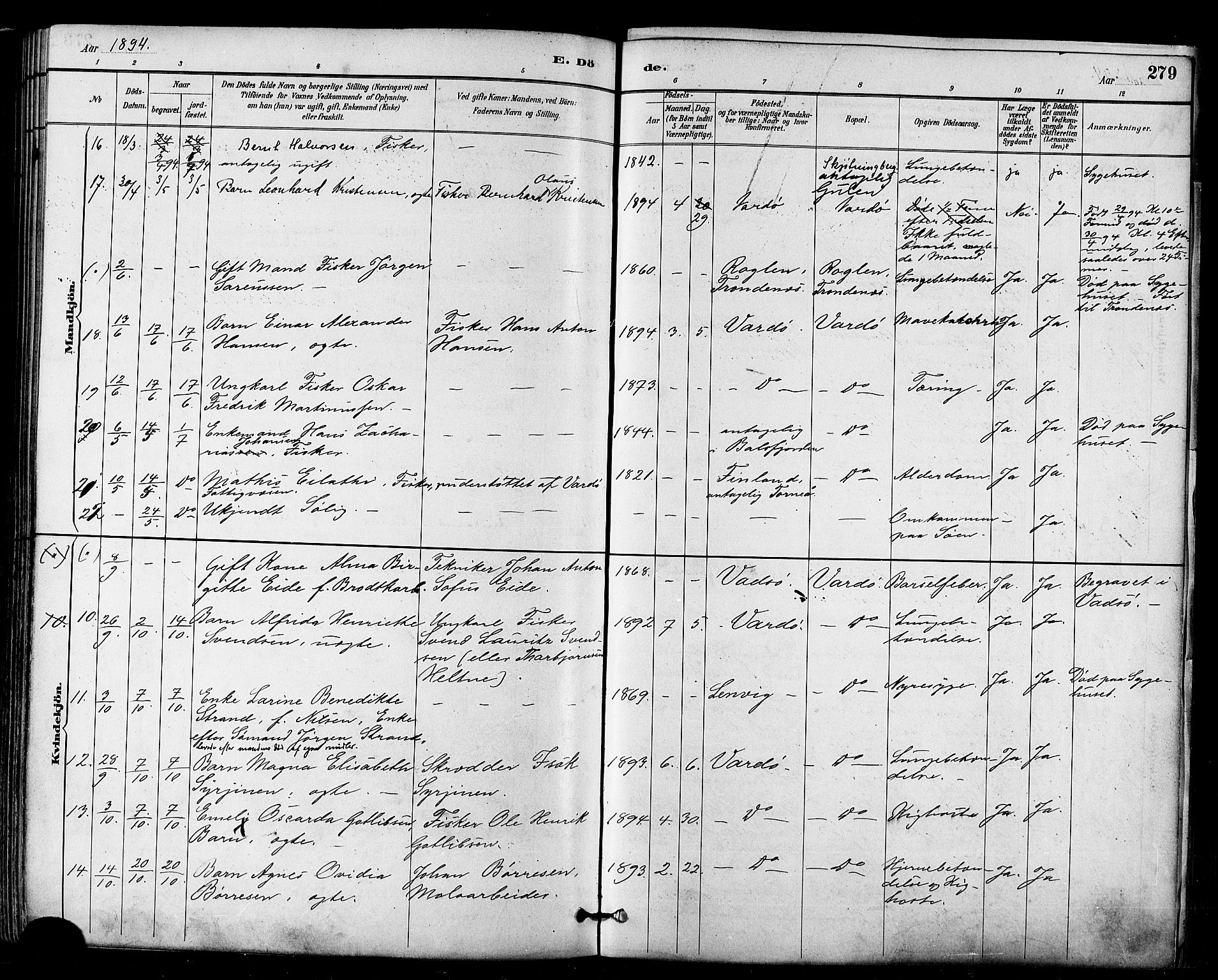 Vardø sokneprestkontor, AV/SATØ-S-1332/H/Ha/L0007kirke: Parish register (official) no. 7, 1886-1897, p. 279