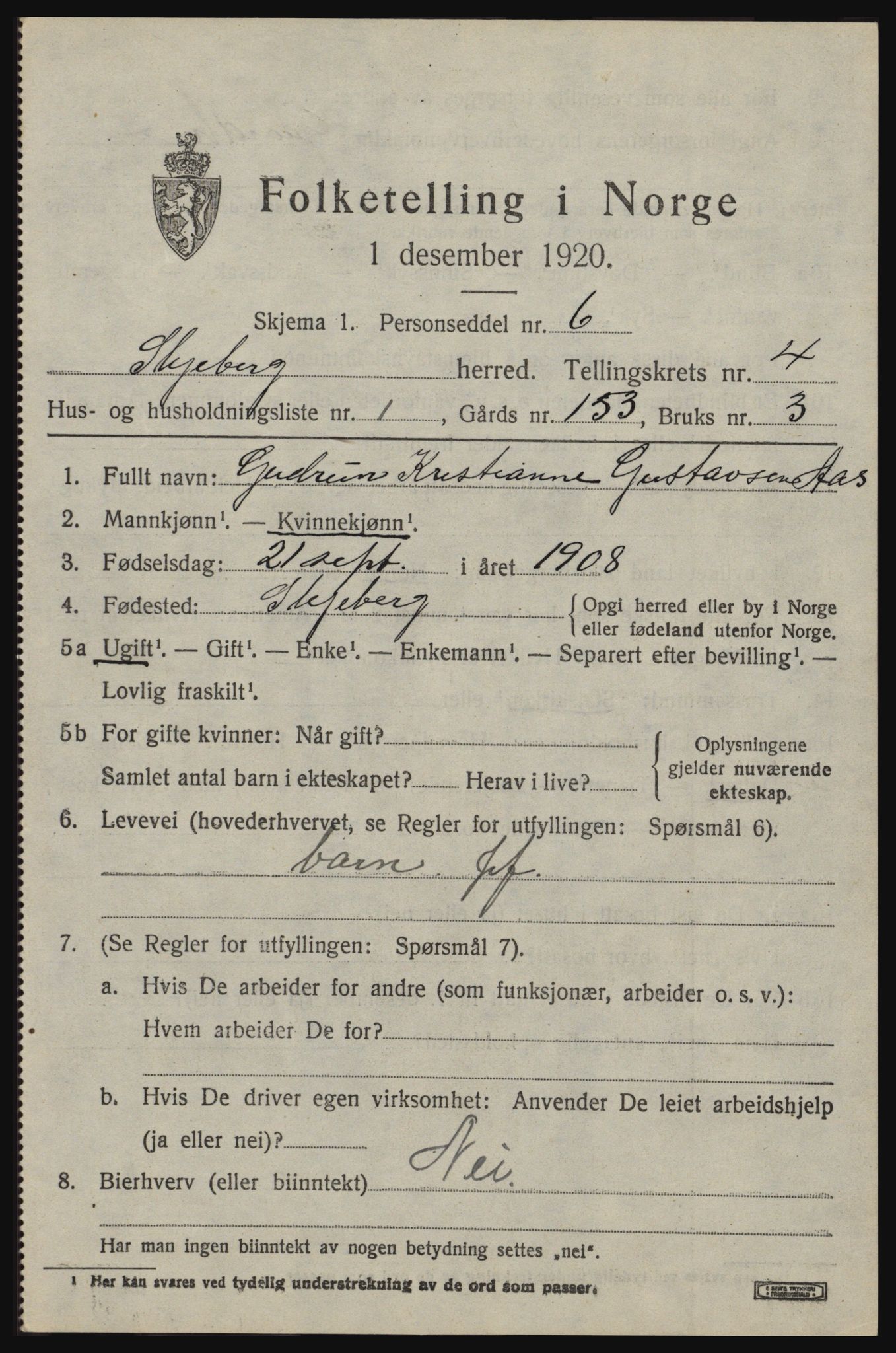 SAO, 1920 census for Skjeberg, 1920, p. 4985