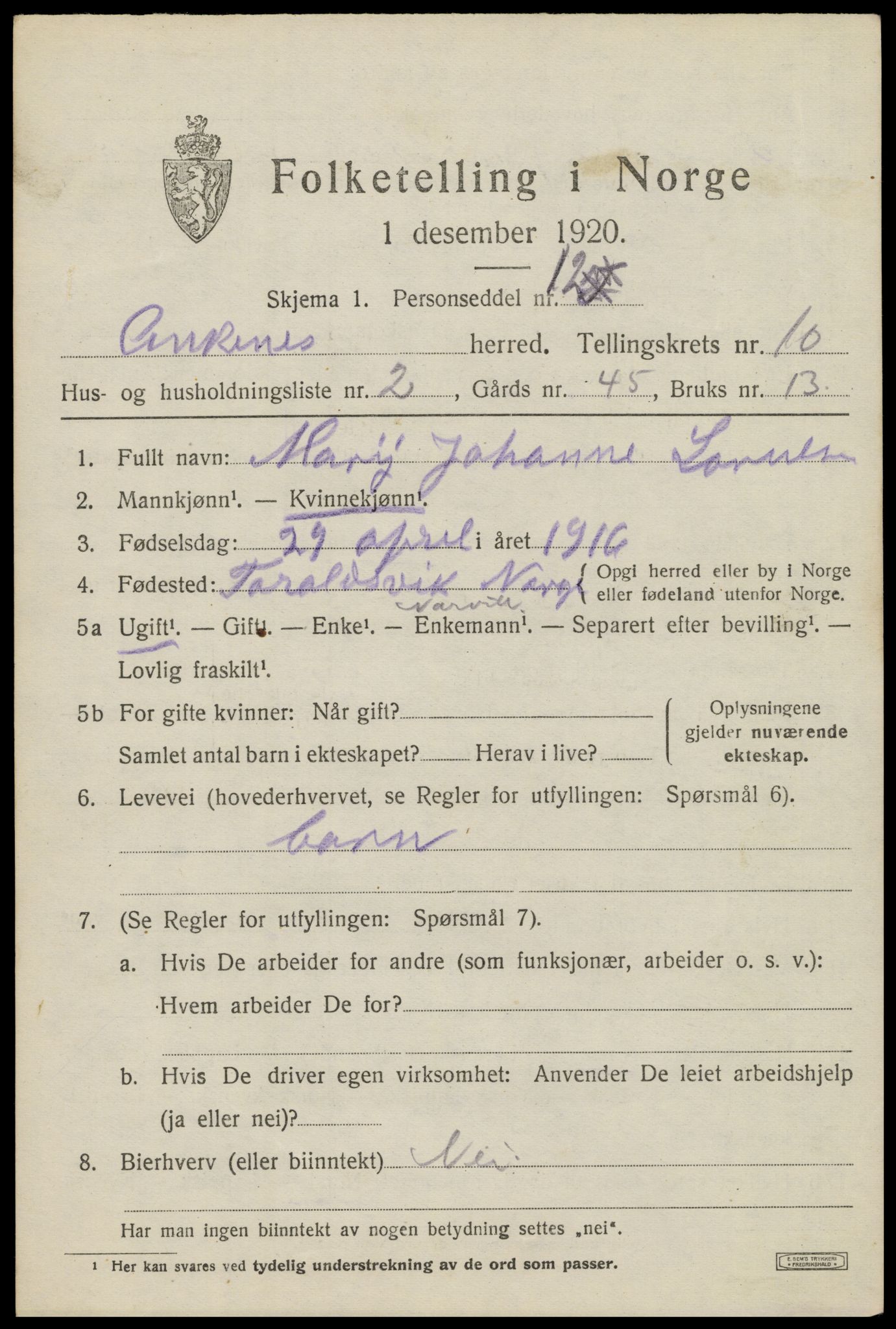 SAT, 1920 census for Ankenes, 1920, p. 4959