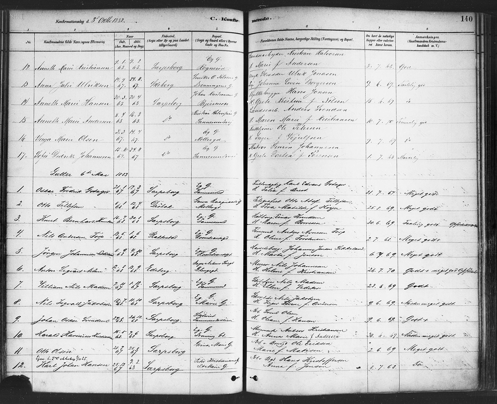Sarpsborg prestekontor Kirkebøker, SAO/A-2006/F/Fa/L0003: Parish register (official) no. 3, 1878-1891, p. 140