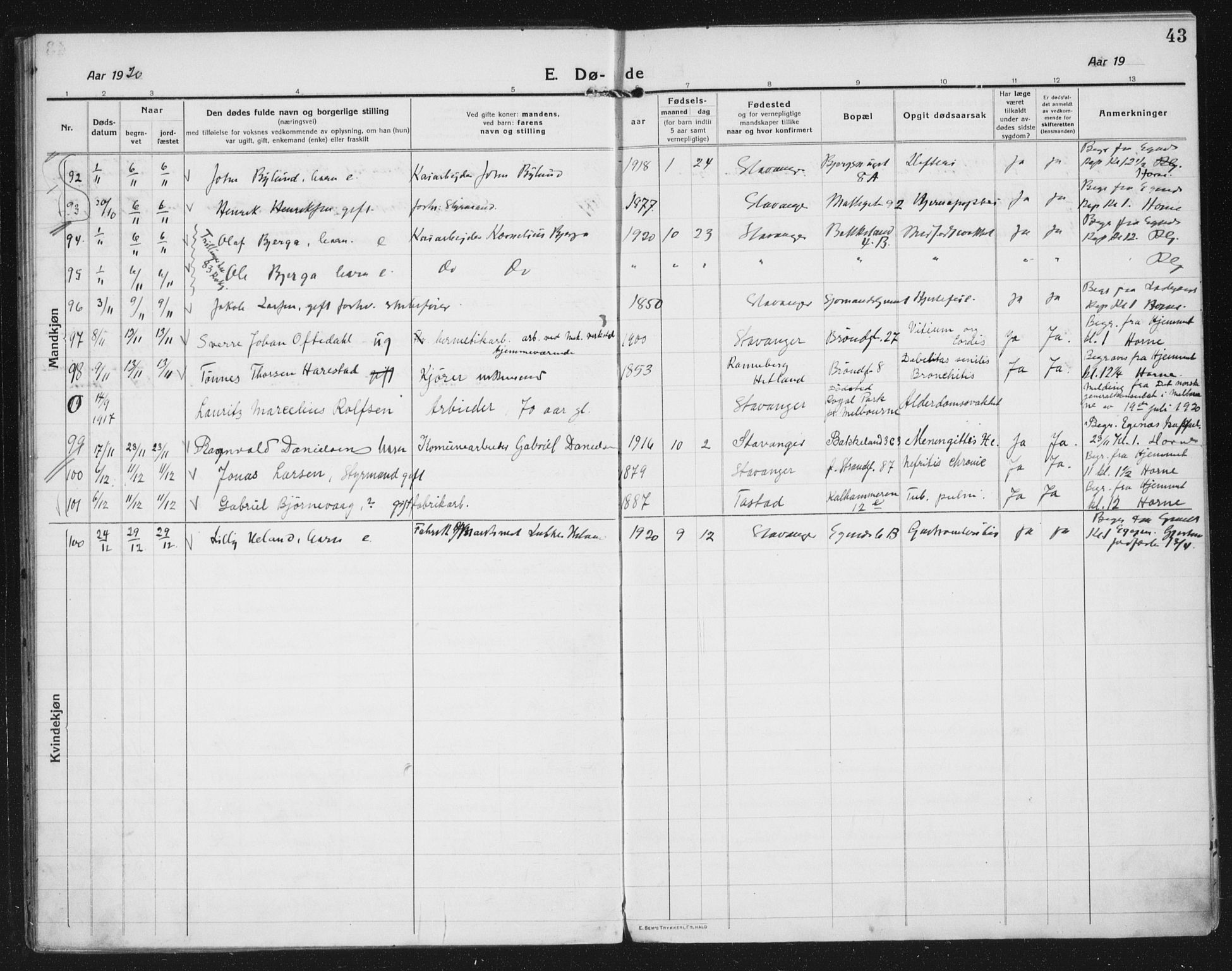 Domkirken sokneprestkontor, AV/SAST-A-101812/002/A/L0017: Parish register (official) no. A 36, 1917-1938, p. 43