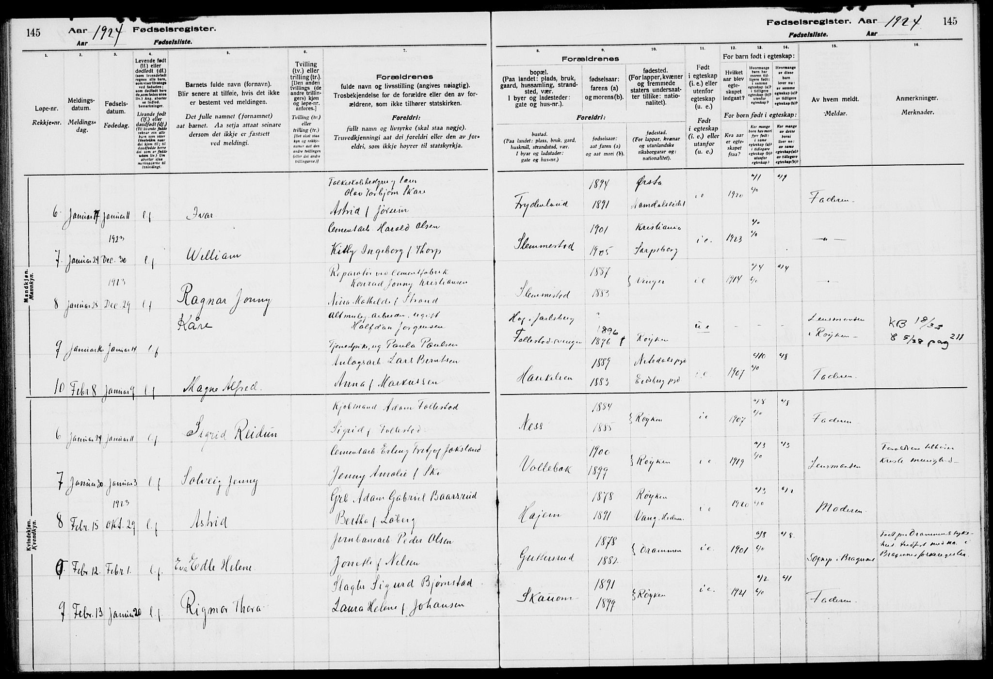 Røyken kirkebøker, AV/SAKO-A-241/J/Ja/L0001: Birth register no. 1, 1916-1927, p. 145