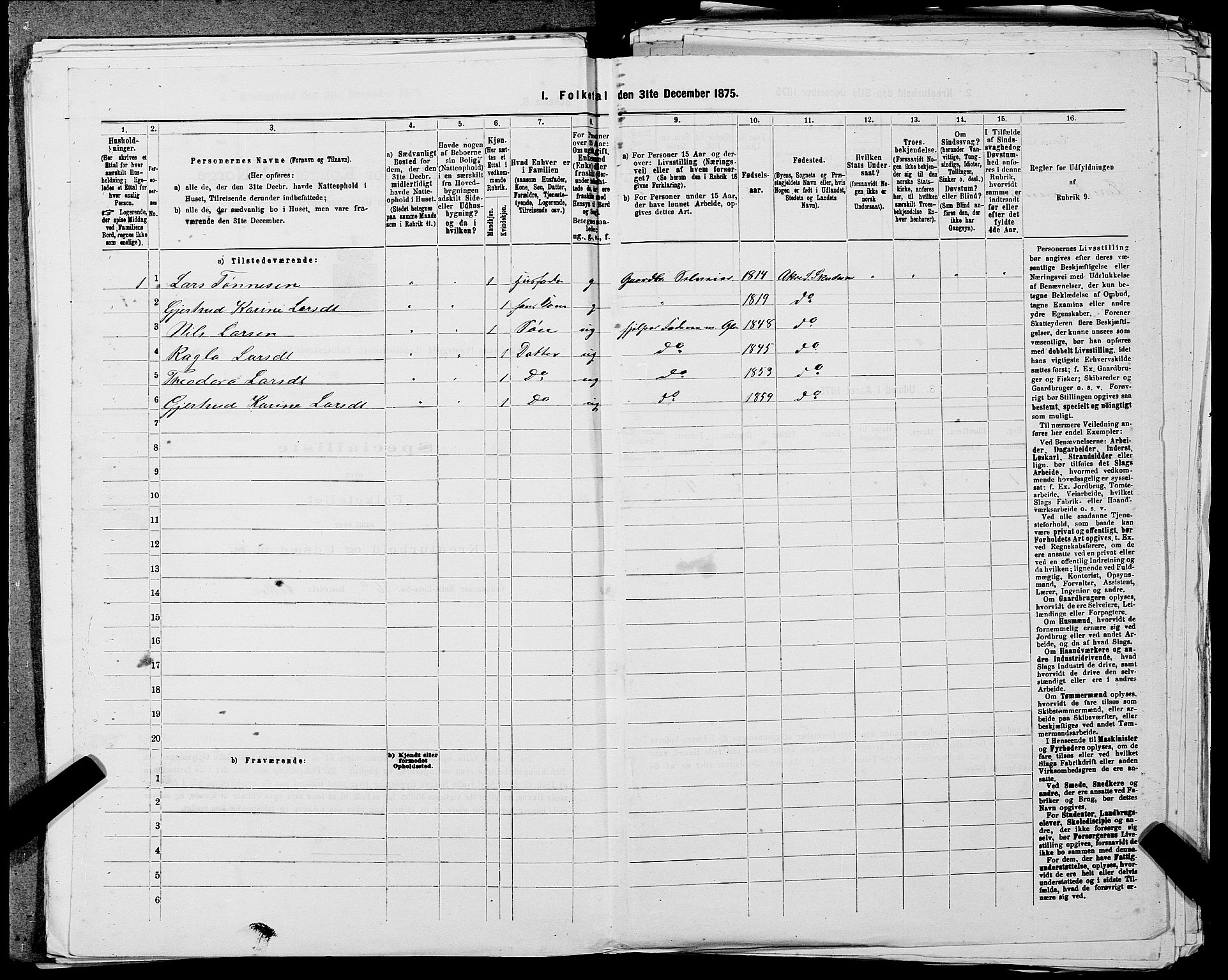 SAST, 1875 census for 1150L Skudenes/Falnes, Åkra og Ferkingstad, 1875, p. 399