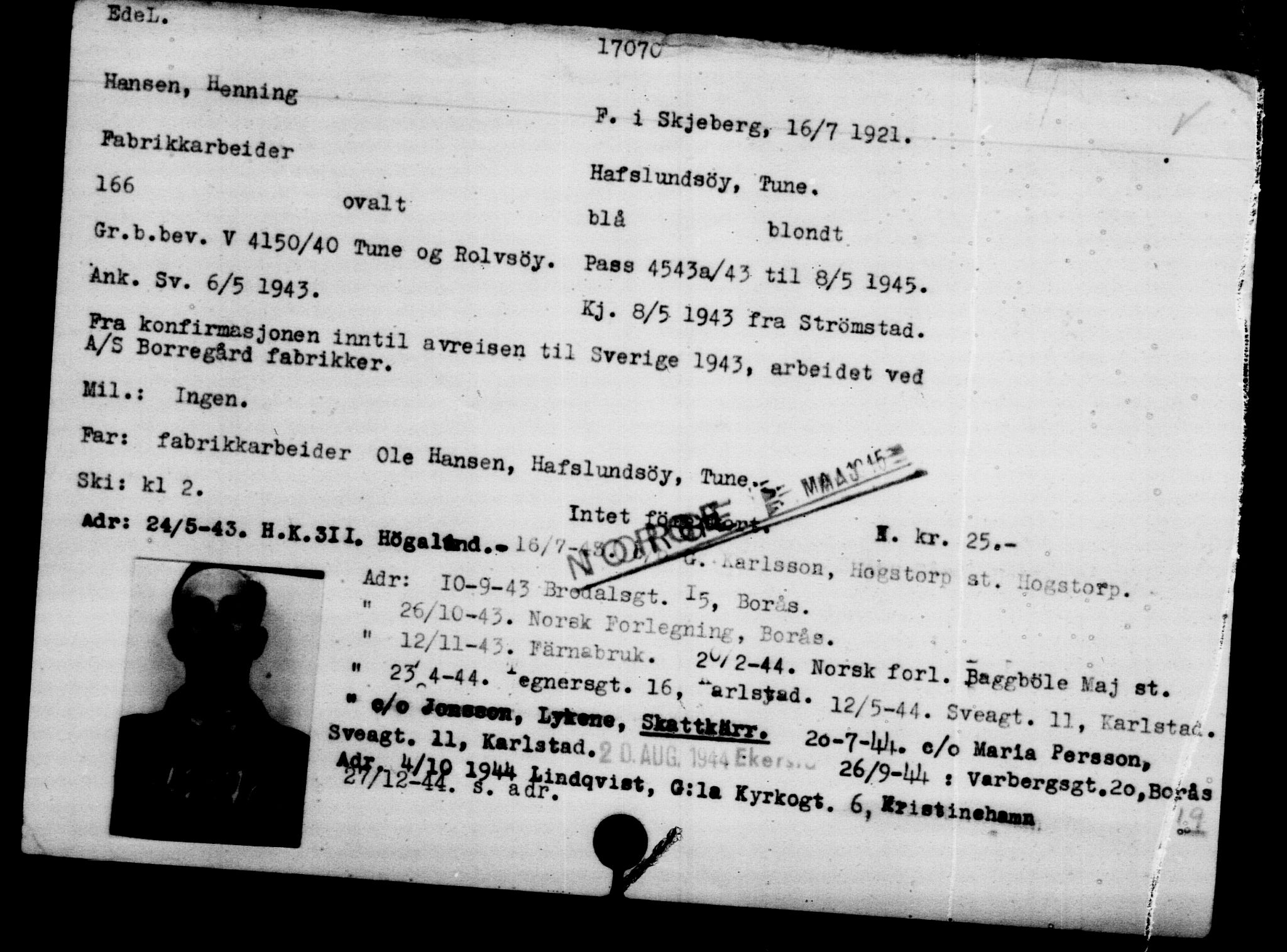 Utenriksstasjonene, Legasjonen i Stockholm, Flyktningkontoret, AV/RA-S-6753/V/Va/L0008: Kjesäterkartoteket, flyktninger med registreringsnr. 15700-18547, 1940-1945, p. 1505