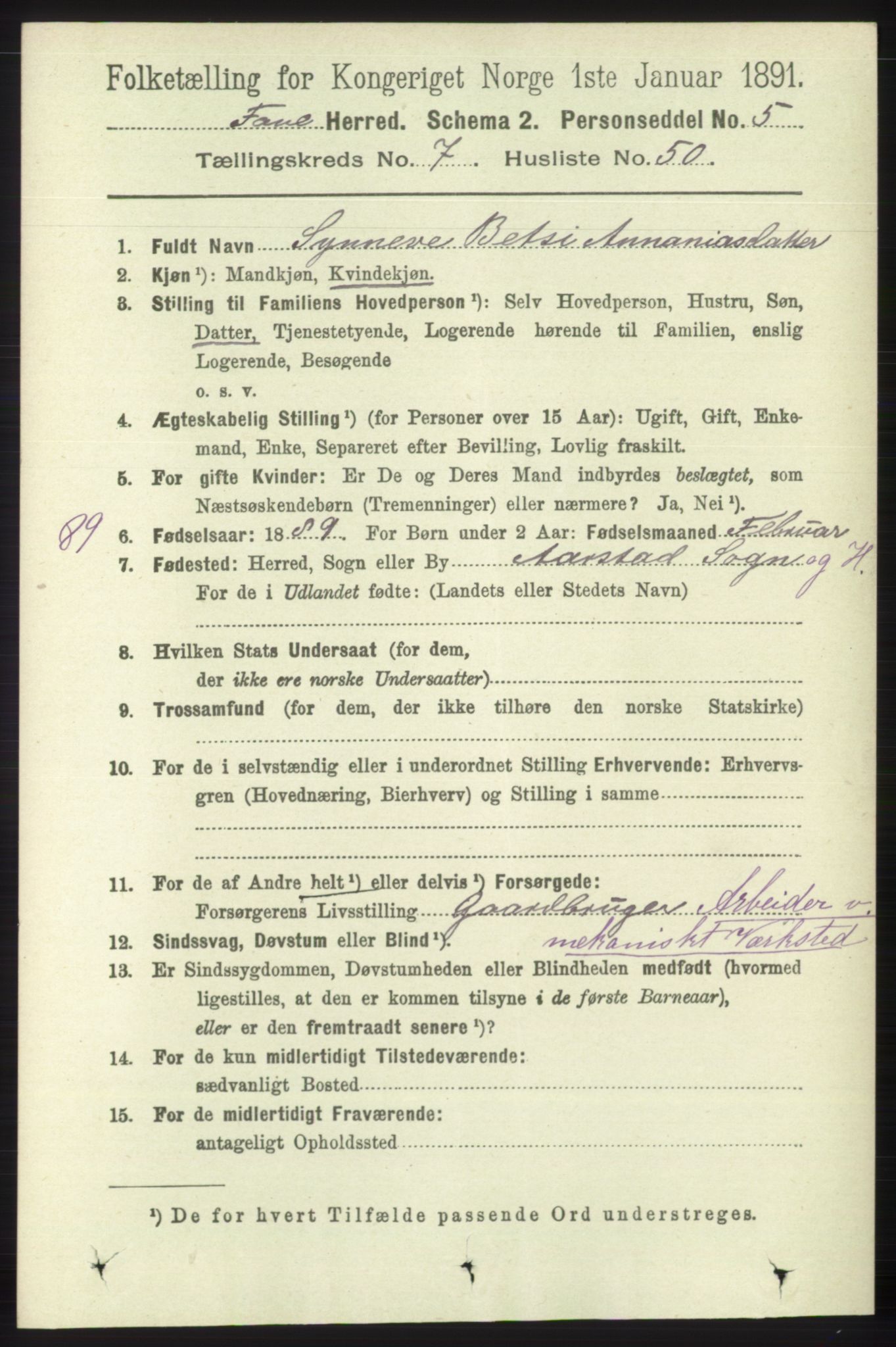 RA, 1891 census for 1249 Fana, 1891, p. 3284