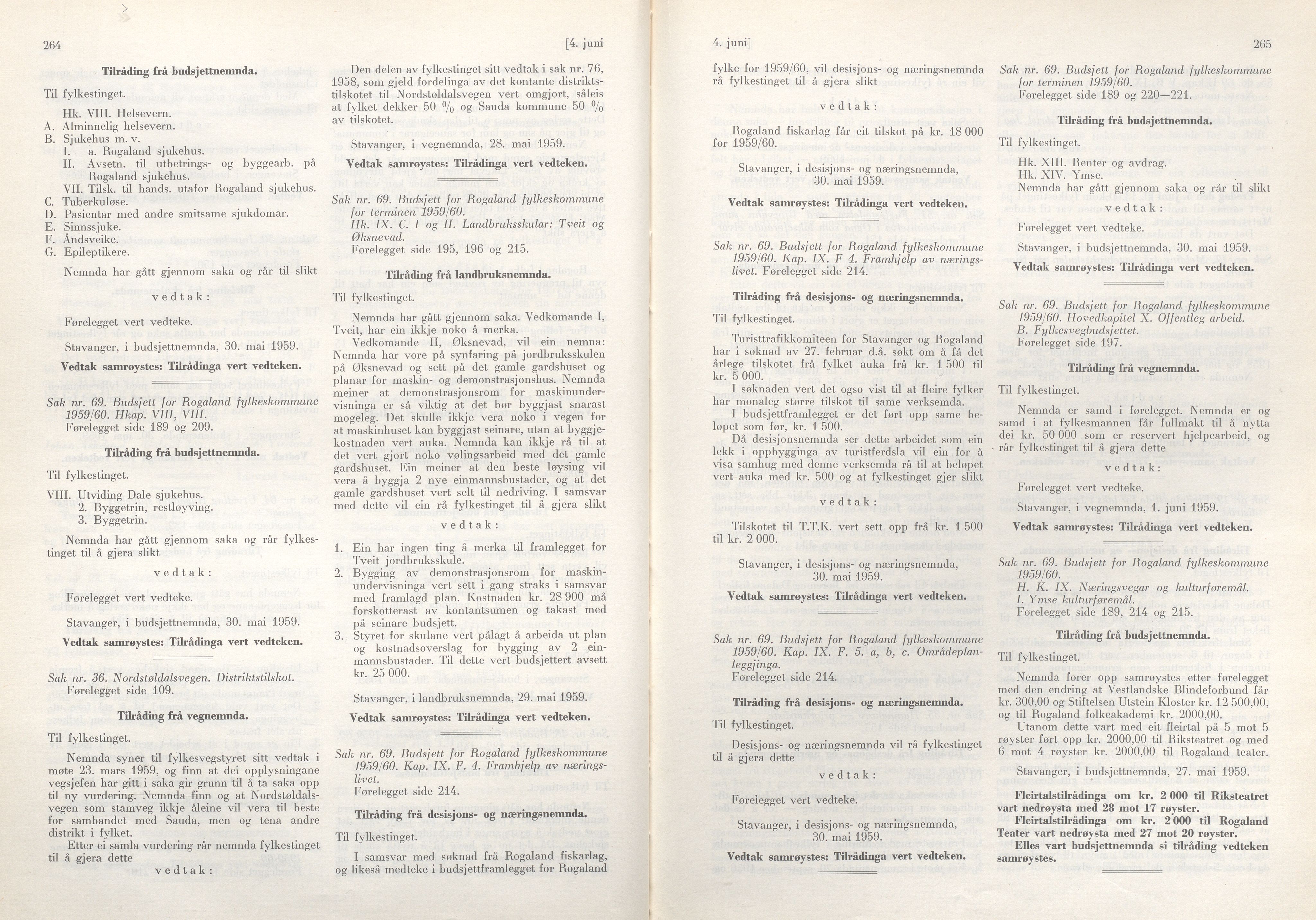 Rogaland fylkeskommune - Fylkesrådmannen , IKAR/A-900/A/Aa/Aaa/L0078: Møtebok , 1959, p. 264-265