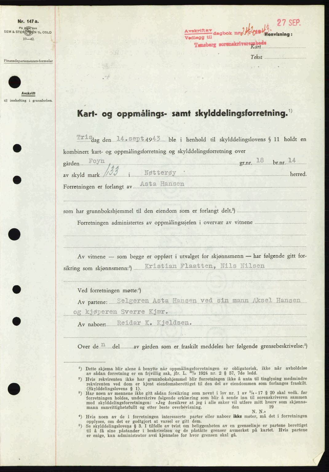 Tønsberg sorenskriveri, AV/SAKO-A-130/G/Ga/Gaa/L0014: Mortgage book no. A14, 1943-1944, Diary no: : 2420/1943