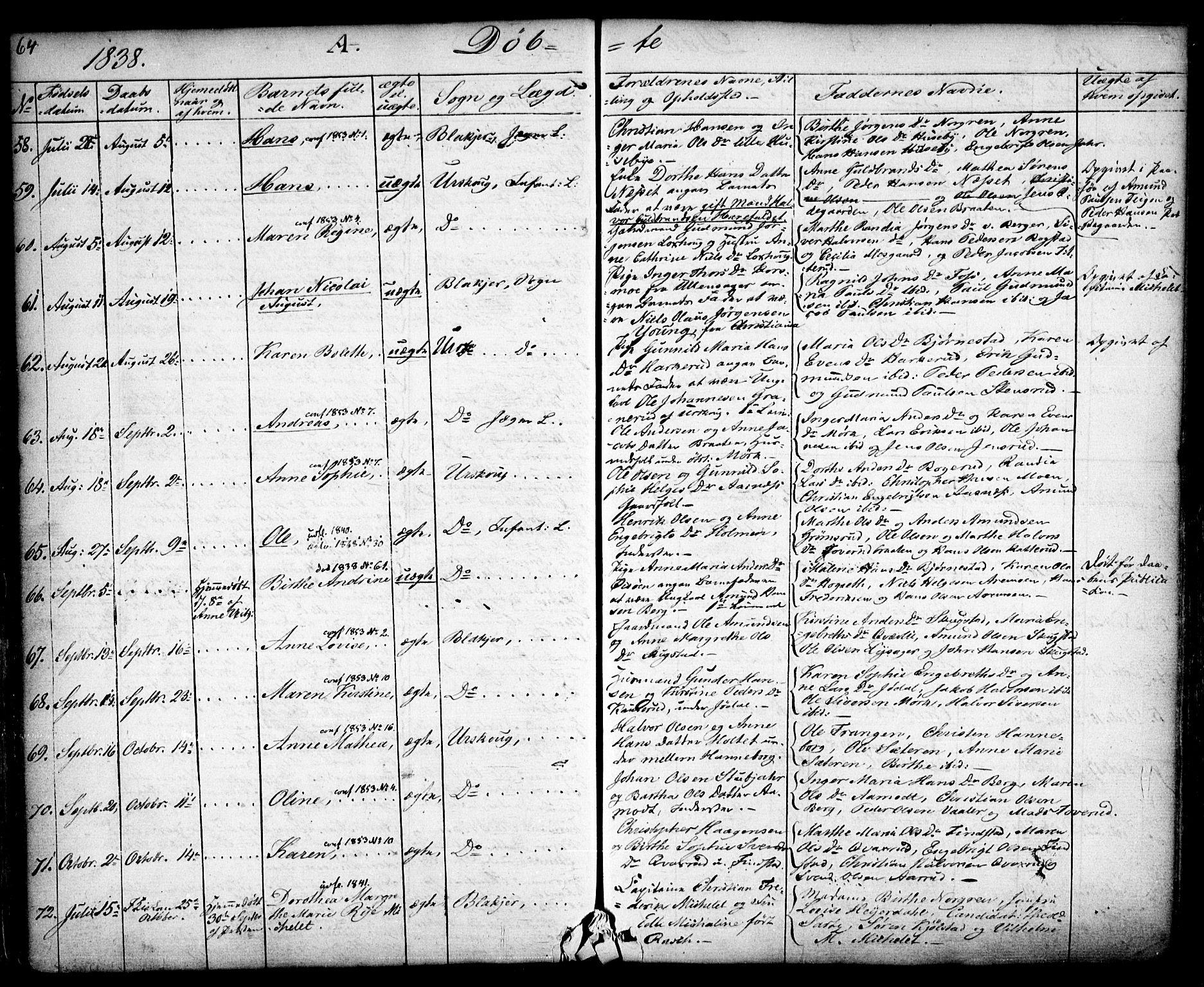Aurskog prestekontor Kirkebøker, SAO/A-10304a/F/Fa/L0006: Parish register (official) no. I 6, 1829-1853, p. 64