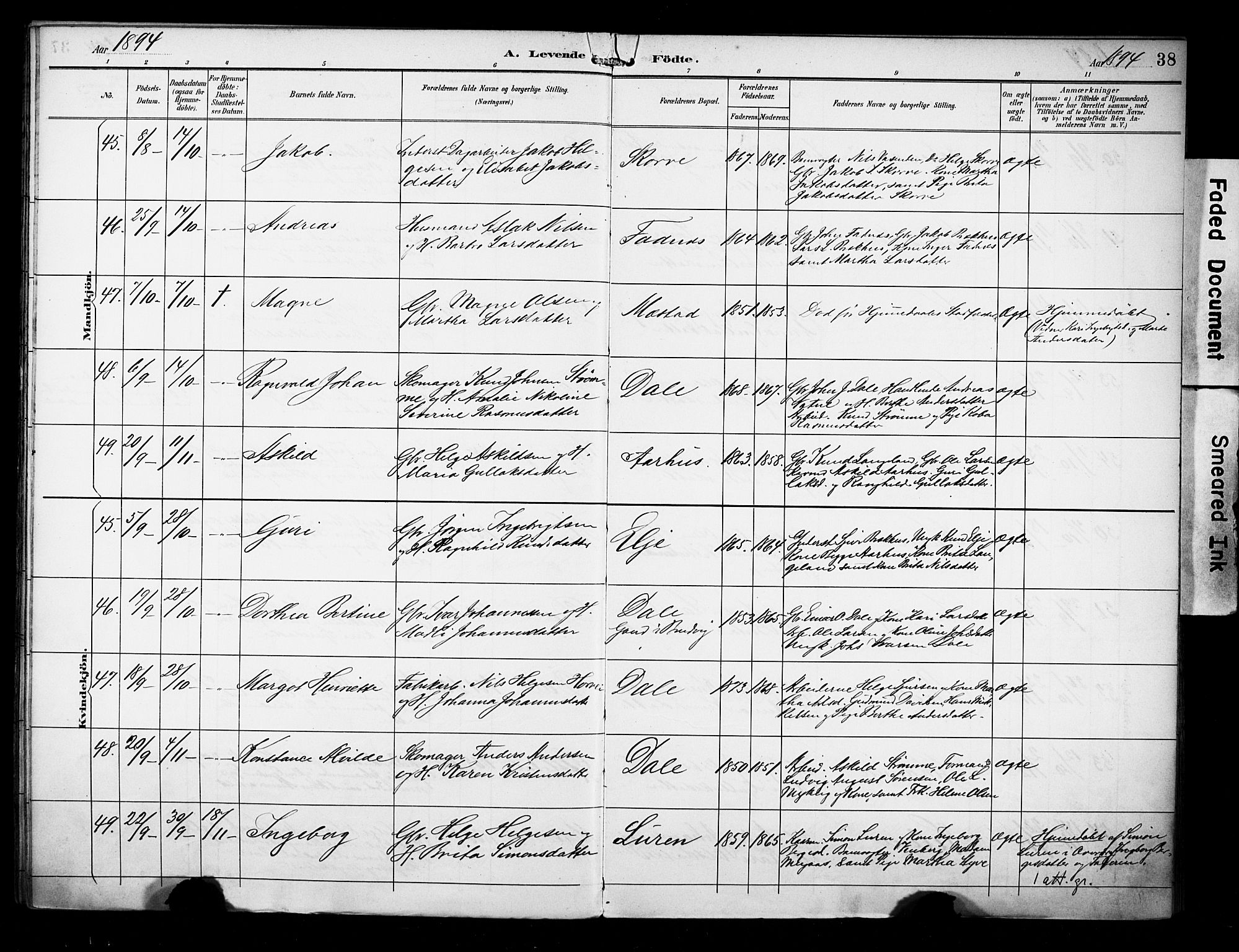 Evanger sokneprestembete, AV/SAB-A-99924: Parish register (official) no. A 2, 1892-1899, p. 38