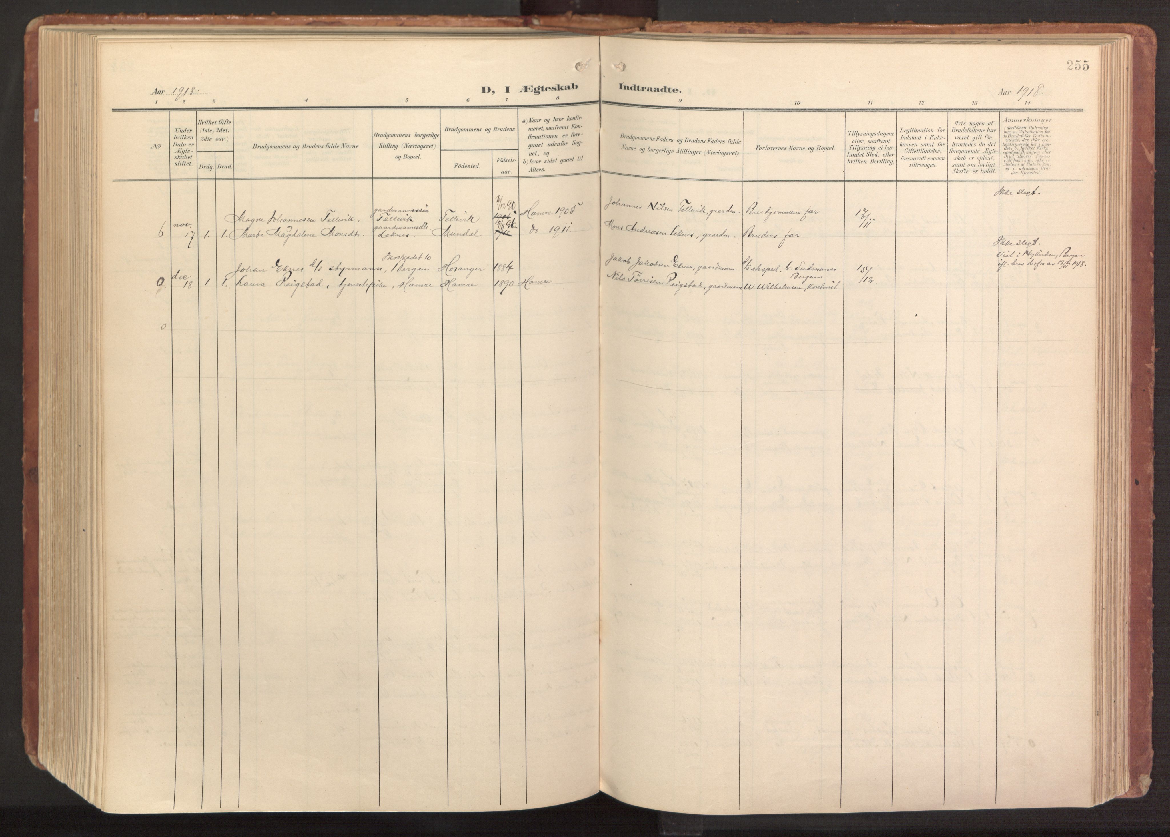 Hamre sokneprestembete, AV/SAB-A-75501/H/Ha/Haa/Haab/L0002: Parish register (official) no. B 2, 1905-1924, p. 255