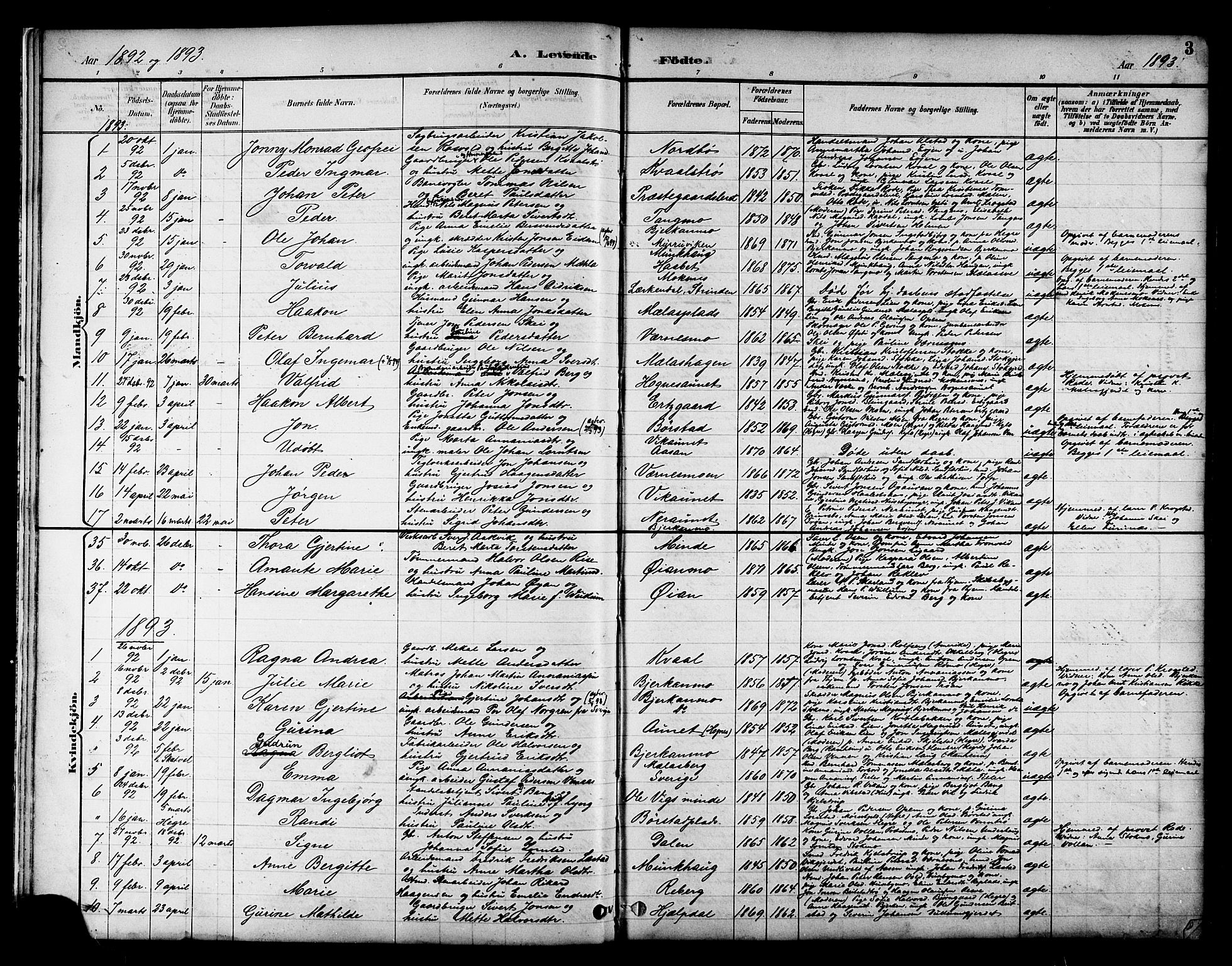 Ministerialprotokoller, klokkerbøker og fødselsregistre - Nord-Trøndelag, AV/SAT-A-1458/709/L0087: Parish register (copy) no. 709C01, 1892-1913, p. 3