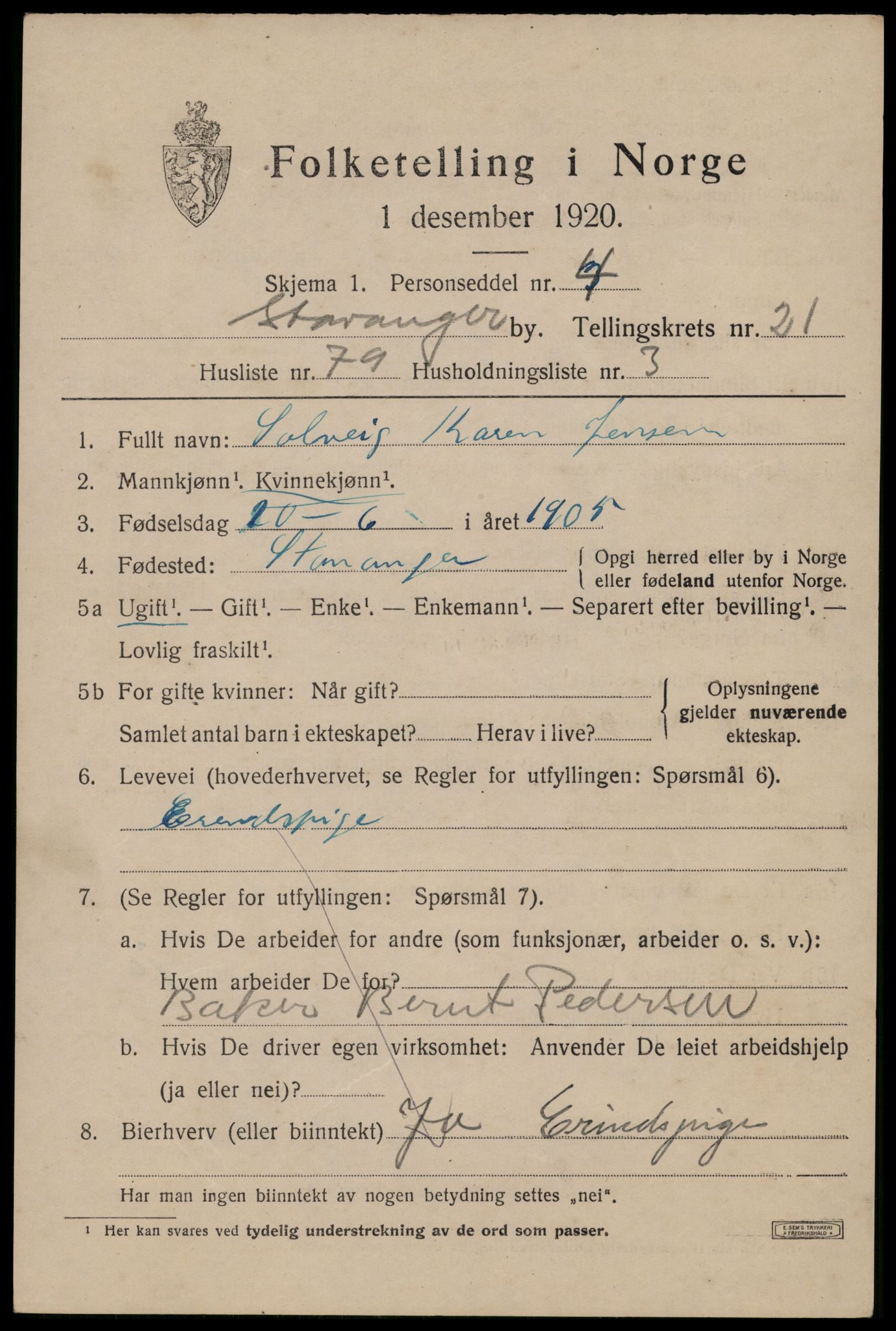 SAST, 1920 census for Stavanger, 1920, p. 73138