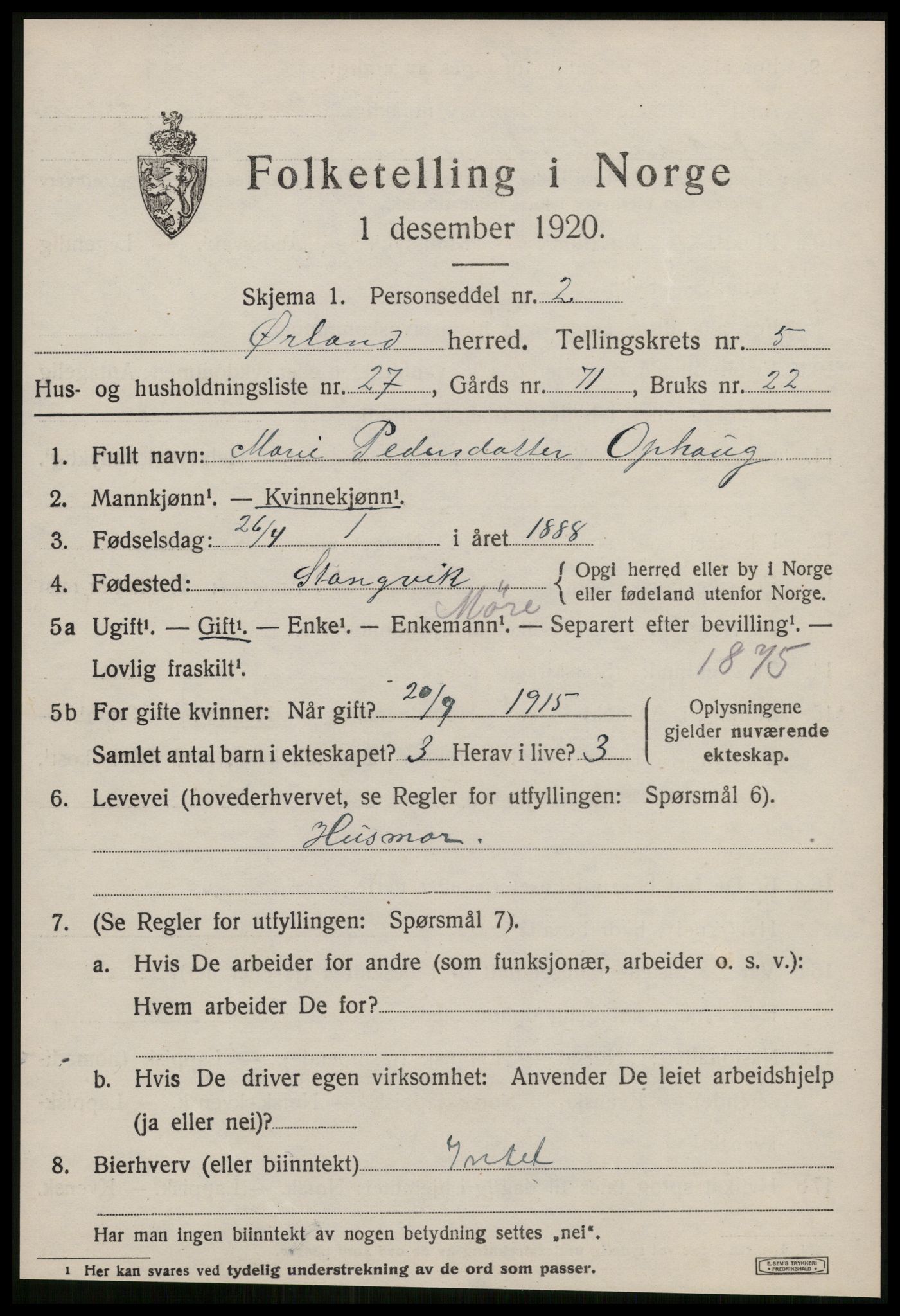 SAT, 1920 census for Ørland, 1920, p. 4771