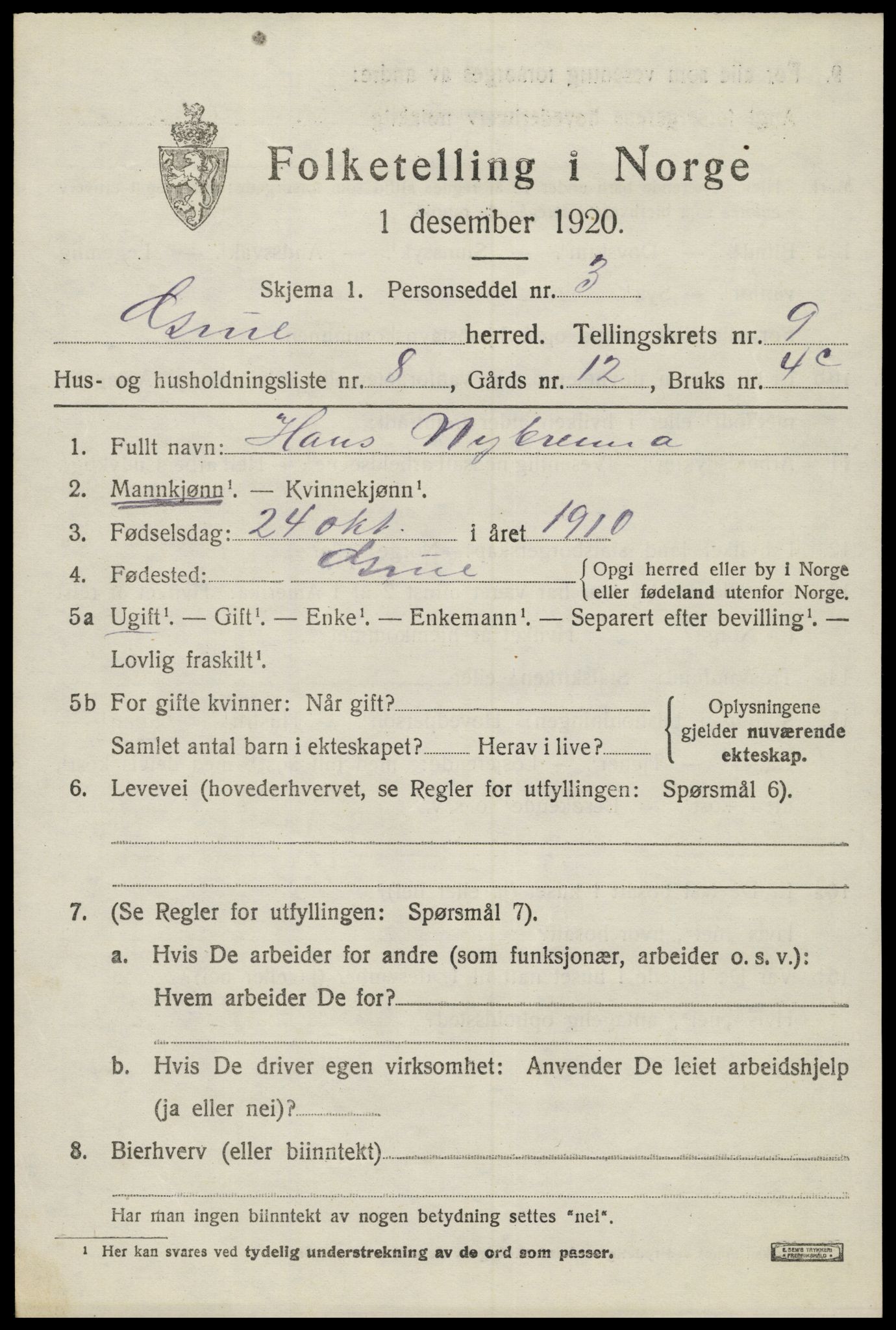 SAH, 1920 census for Grue, 1920, p. 8123