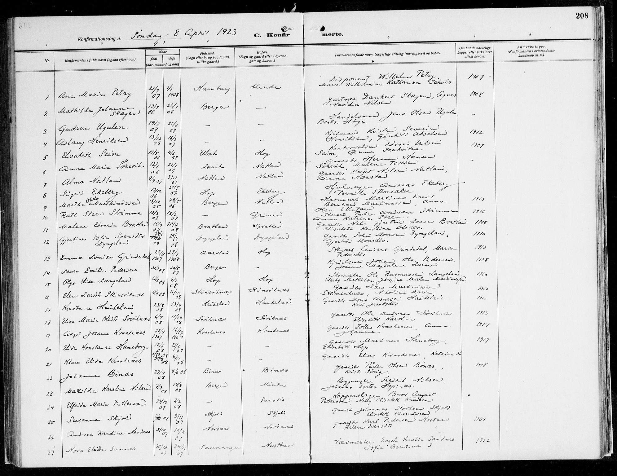 Fana Sokneprestembete, AV/SAB-A-75101/H/Haa/Haaj/L0001: Parish register (official) no. J 1, 1921-1935, p. 208