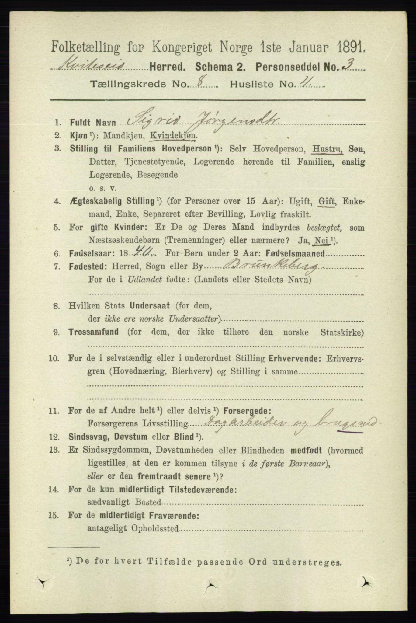 RA, 1891 census for 0829 Kviteseid, 1891, p. 1624