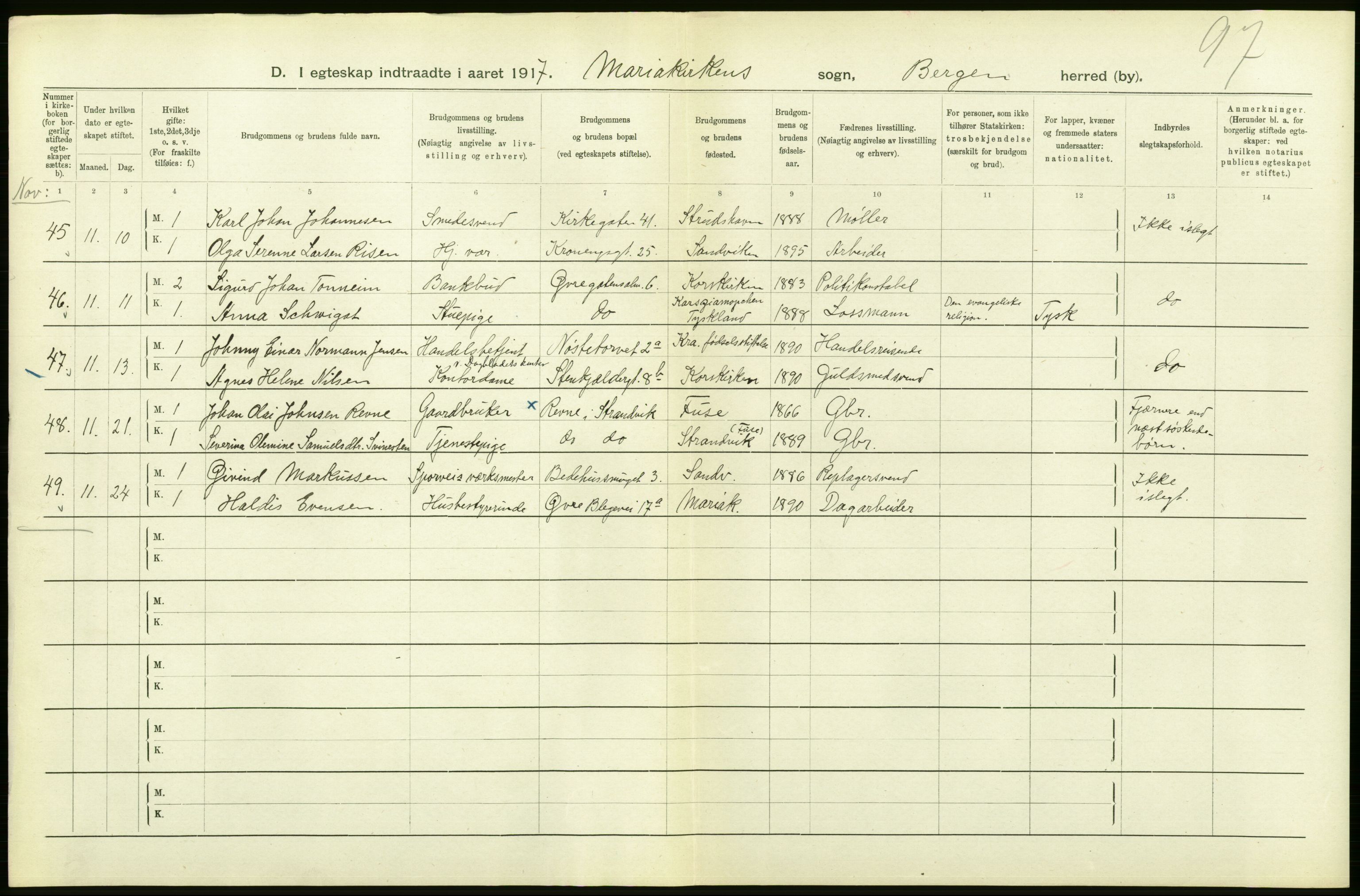 Statistisk sentralbyrå, Sosiodemografiske emner, Befolkning, AV/RA-S-2228/D/Df/Dfb/Dfbg/L0038: Bergen: Gifte, døde, dødfødte., 1917, p. 228