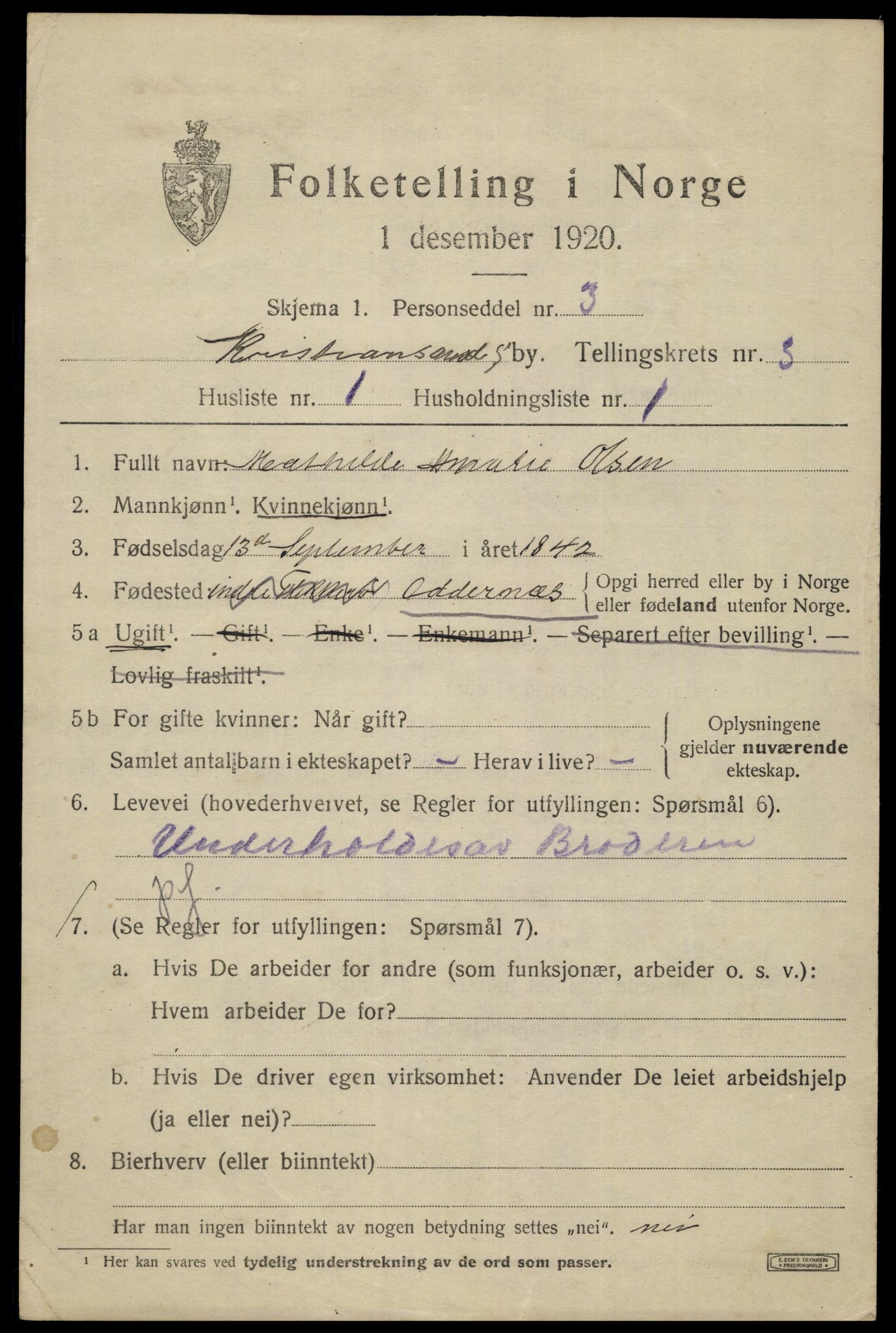 SAK, 1920 census for Kristiansand, 1920, p. 13733