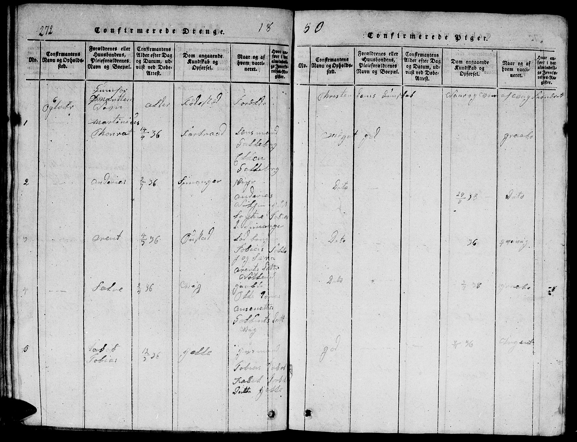 Herad sokneprestkontor, SAK/1111-0018/F/Fb/Fbb/L0001: Parish register (copy) no. B 1, 1815-1852, p. 272