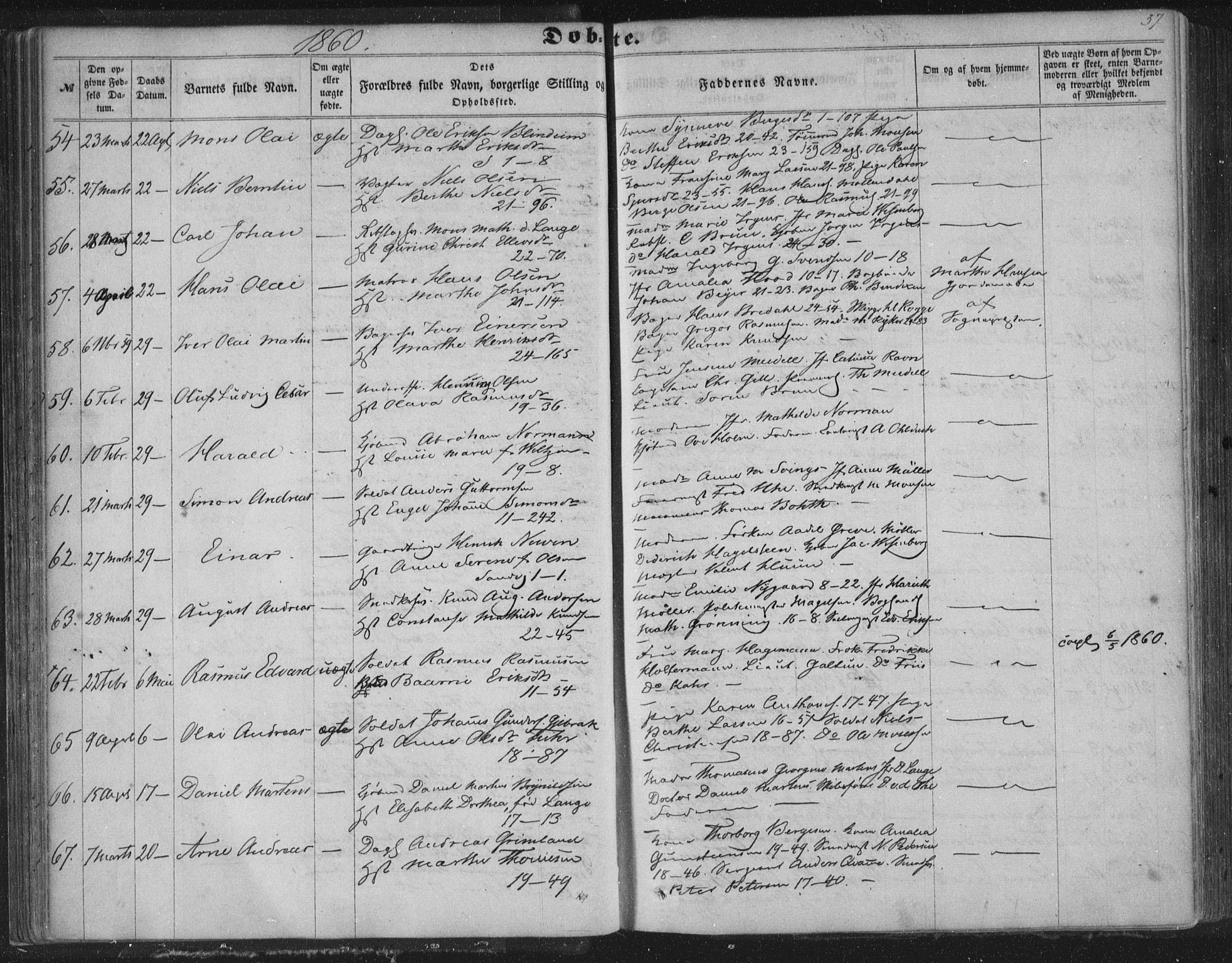 Korskirken sokneprestembete, SAB/A-76101/H/Haa/L0018: Parish register (official) no. B 4, 1857-1866, p. 57