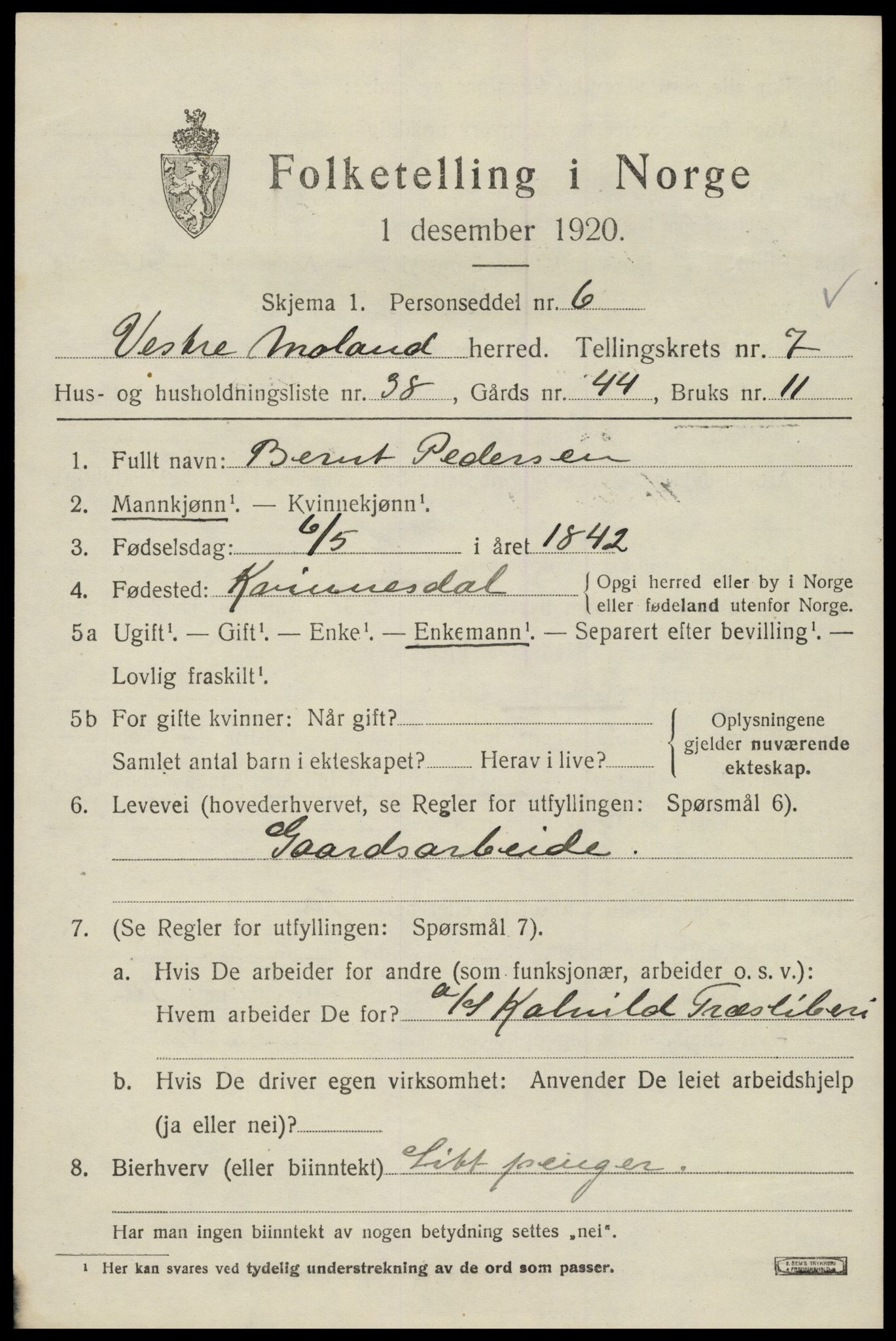 SAK, 1920 census for Vestre Moland, 1920, p. 5193