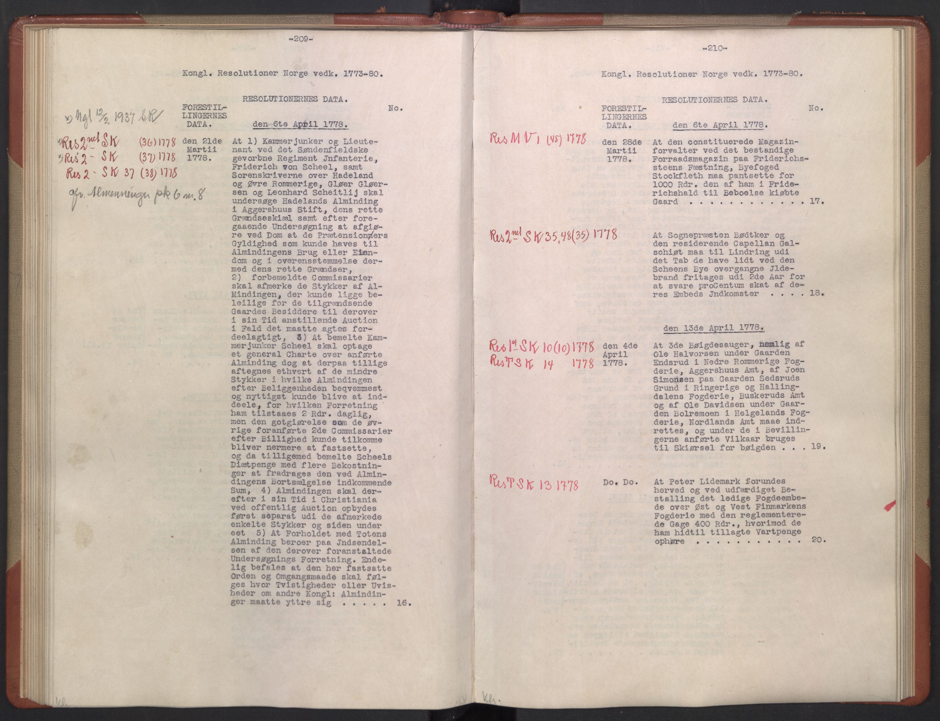 Avskriftsamlingen, AV/RA-EA-4022/F/Fb/L0122: Registratur over norske Relasjons- og resolusjonsprotokoller, 1773-1780, p. 63