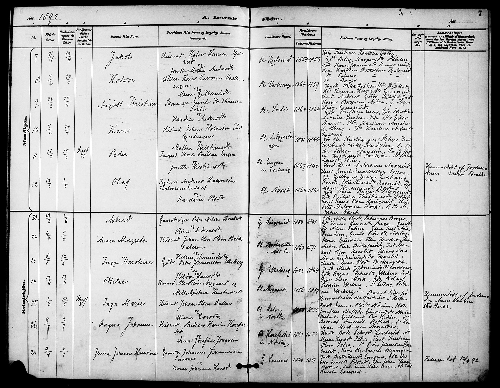 Aurskog prestekontor Kirkebøker, AV/SAO-A-10304a/F/Fa/L0009: Parish register (official) no. I 9, 1891-1898, p. 7