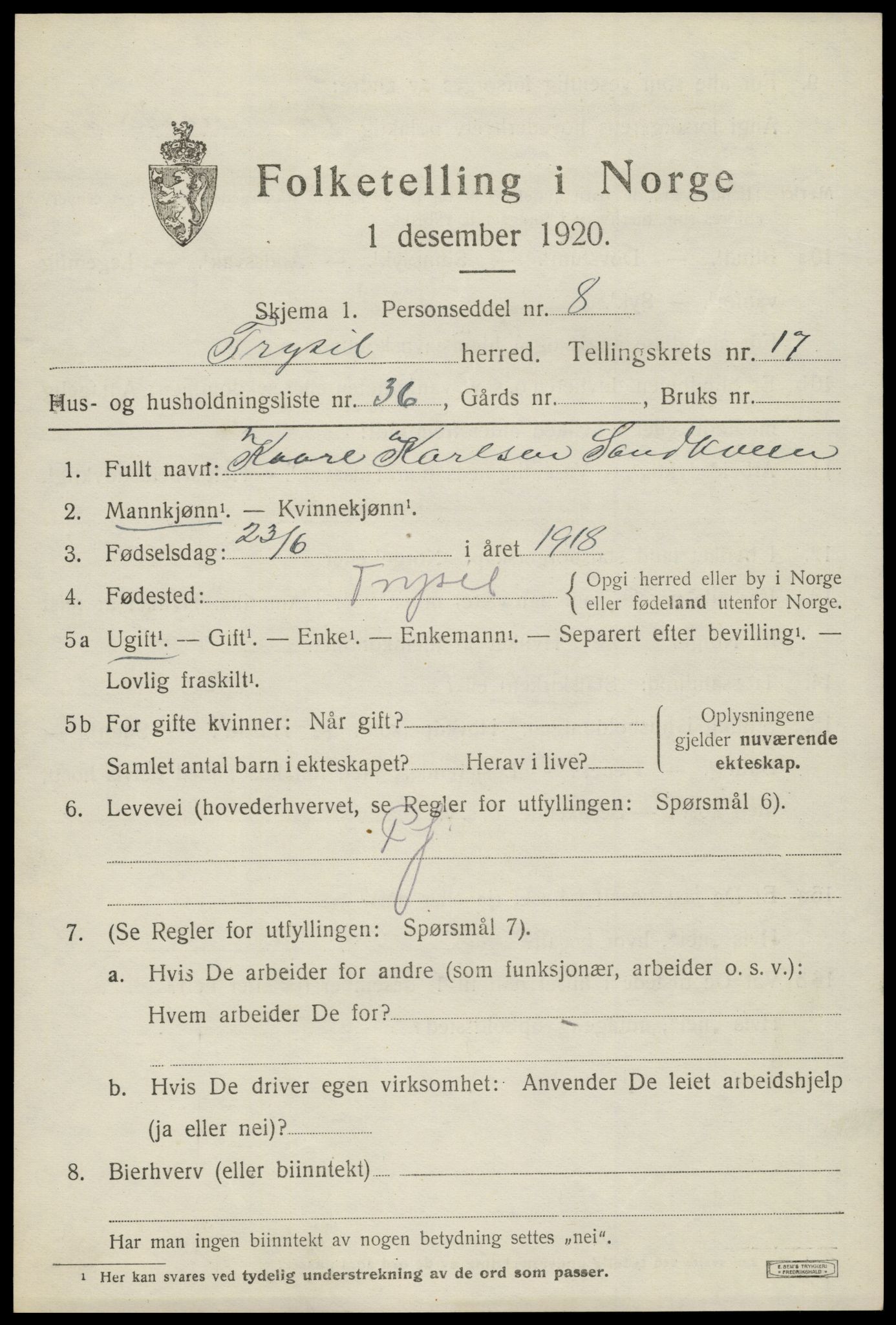 SAH, 1920 census for Trysil, 1920, p. 10621