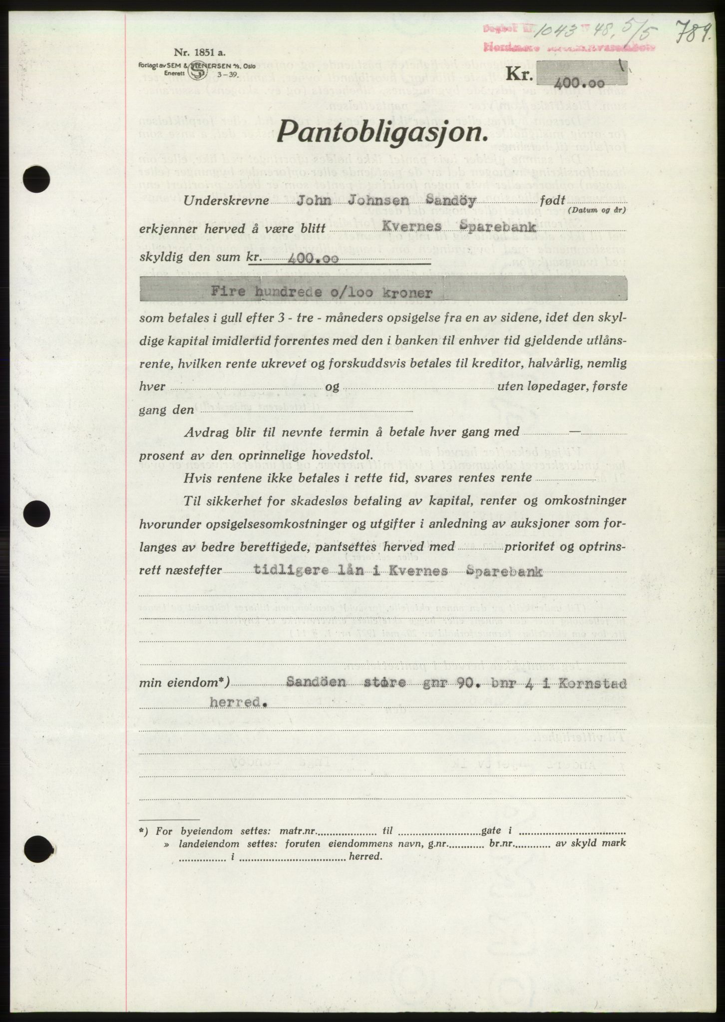 Nordmøre sorenskriveri, AV/SAT-A-4132/1/2/2Ca: Mortgage book no. B98, 1948-1948, Diary no: : 1043/1948