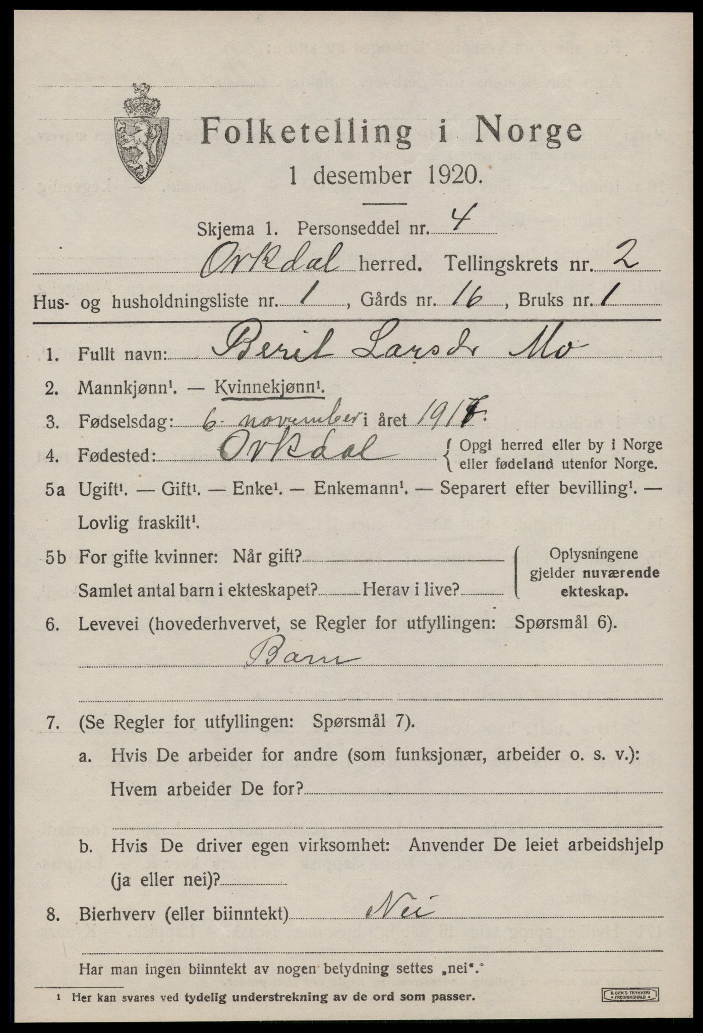 SAT, 1920 census for Orkdal, 1920, p. 2068