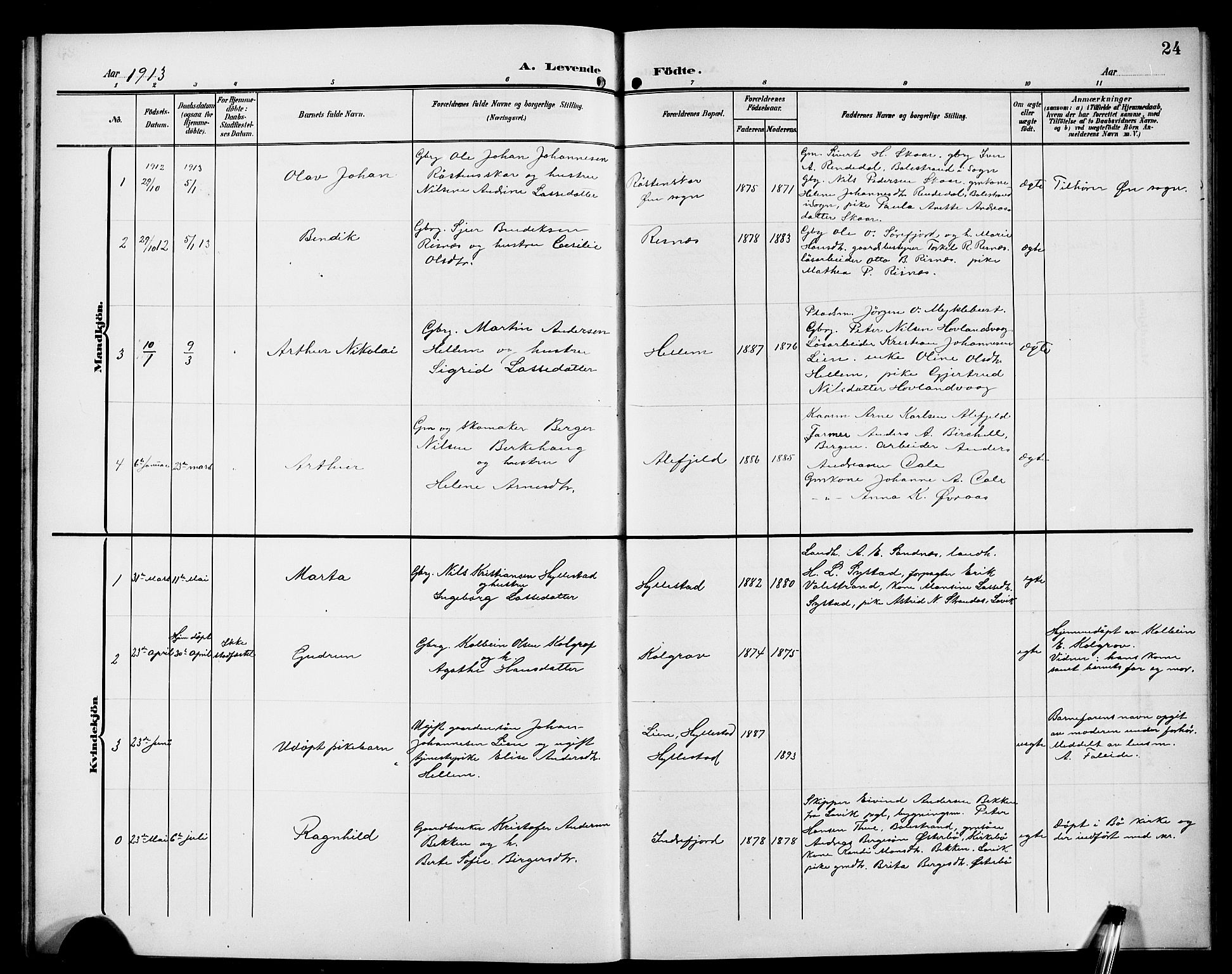 Hyllestad sokneprestembete, AV/SAB-A-80401: Parish register (copy) no. A 3, 1906-1925, p. 24