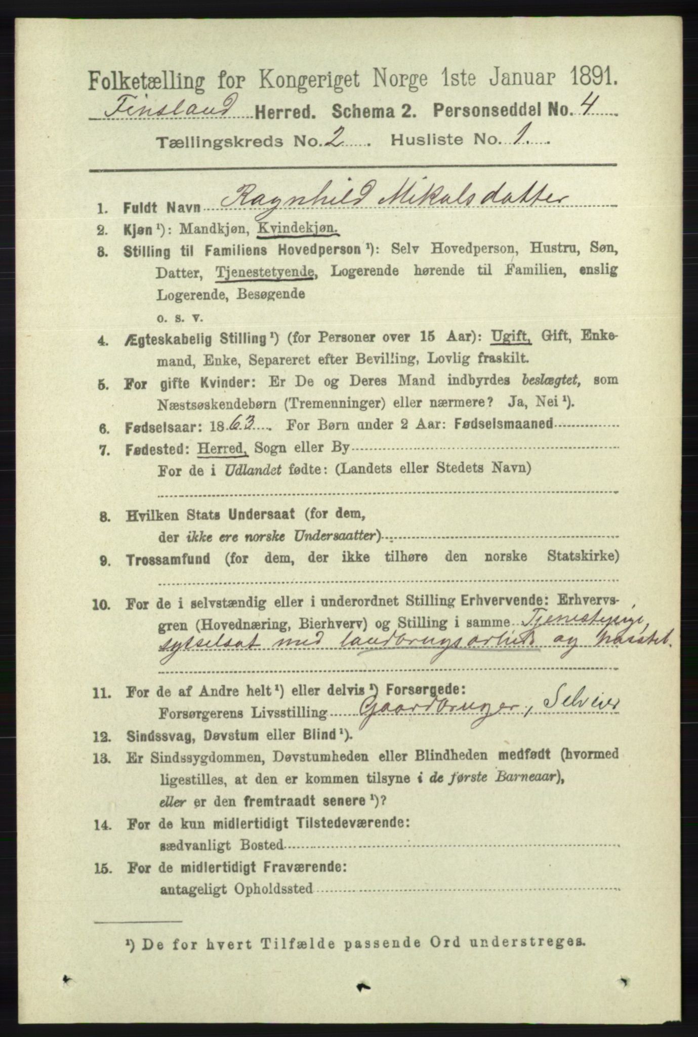 RA, 1891 census for 1023 Finsland, 1891, p. 438