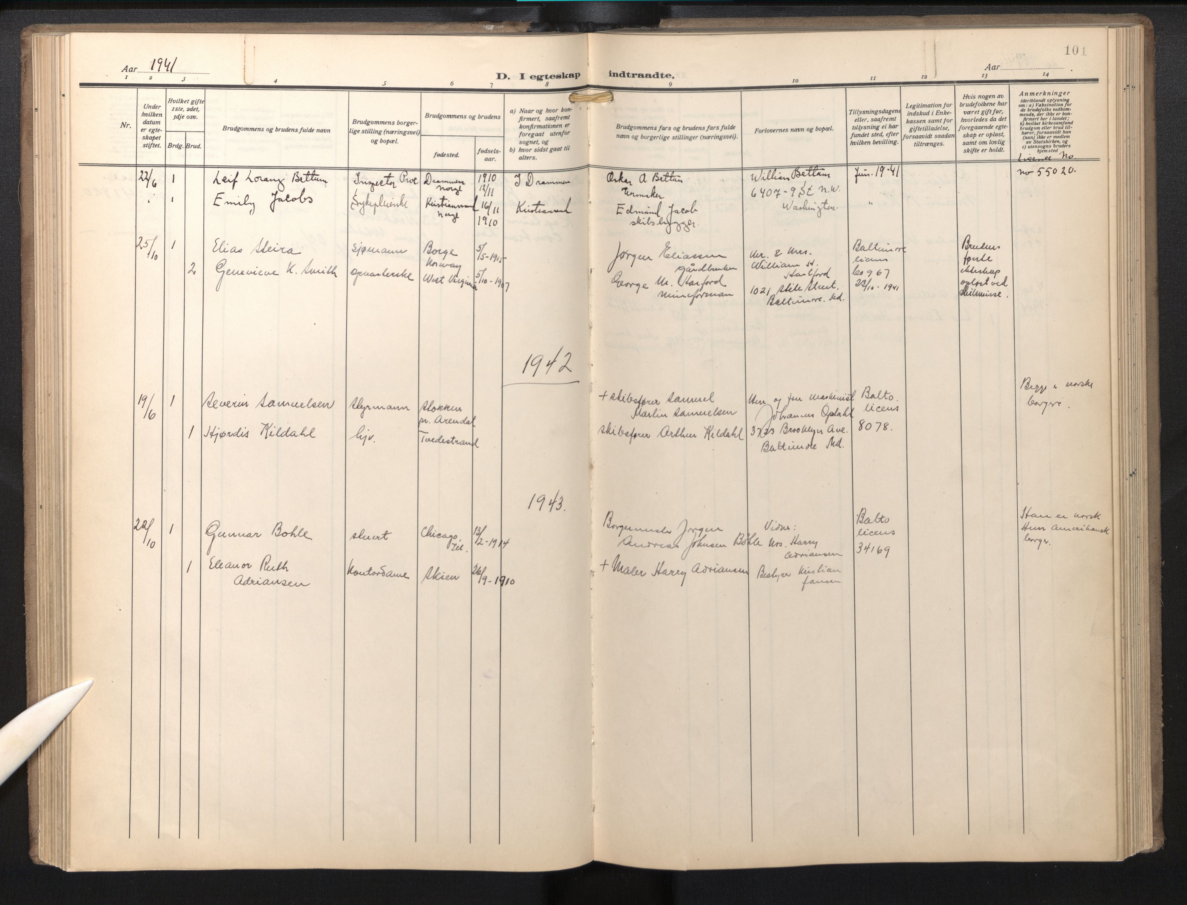 Den norske sjømannsmisjon i utlandet / Baltimore, AV/SAB-SAB/PA-0169/H/Ha/L0001: Parish register (official) no. A 1, 1927-1975, p. 100b-101a