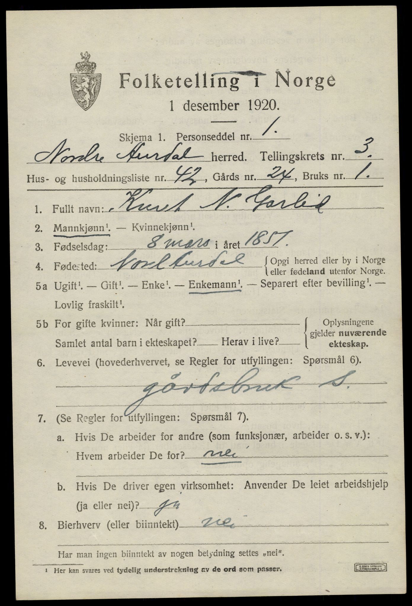 SAH, 1920 census for Nord-Aurdal, 1920, p. 3620