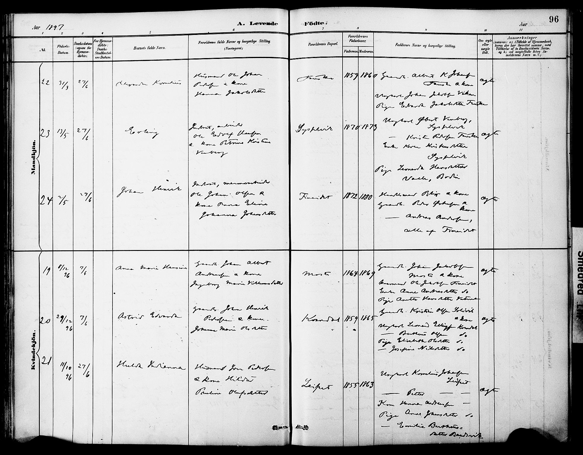 Ministerialprotokoller, klokkerbøker og fødselsregistre - Nordland, AV/SAT-A-1459/849/L0690: Parish register (official) no. 849A02, 1890-1897, p. 96