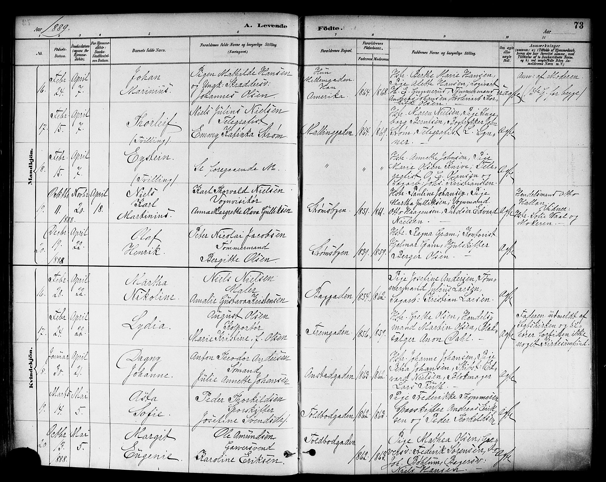 Strømsø kirkebøker, AV/SAKO-A-246/F/Fa/L0023: Parish register (official) no. I 23, 1885-1894, p. 73
