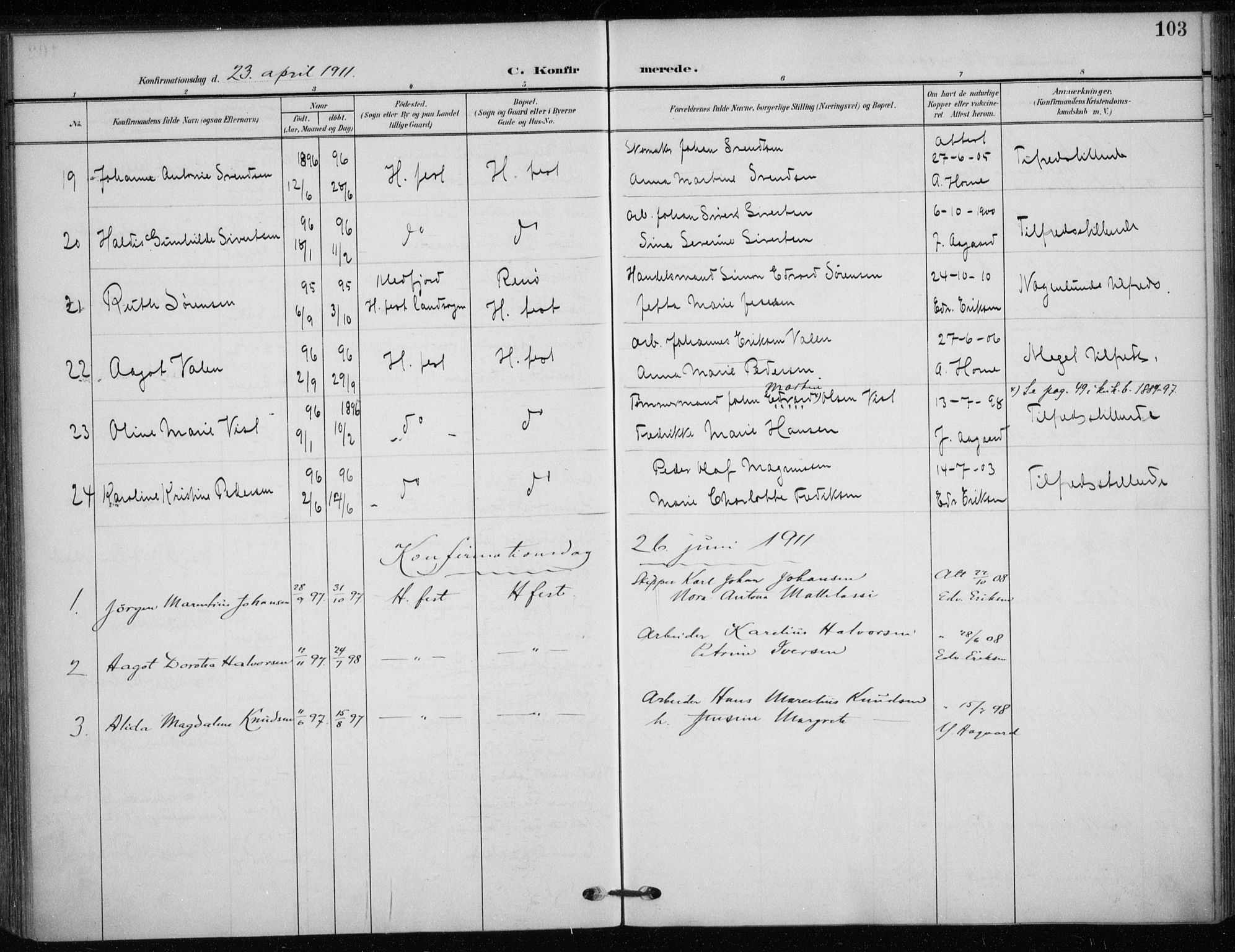 Hammerfest sokneprestkontor, AV/SATØ-S-1347/H/Ha/L0014.kirke: Parish register (official) no. 14, 1906-1916, p. 103