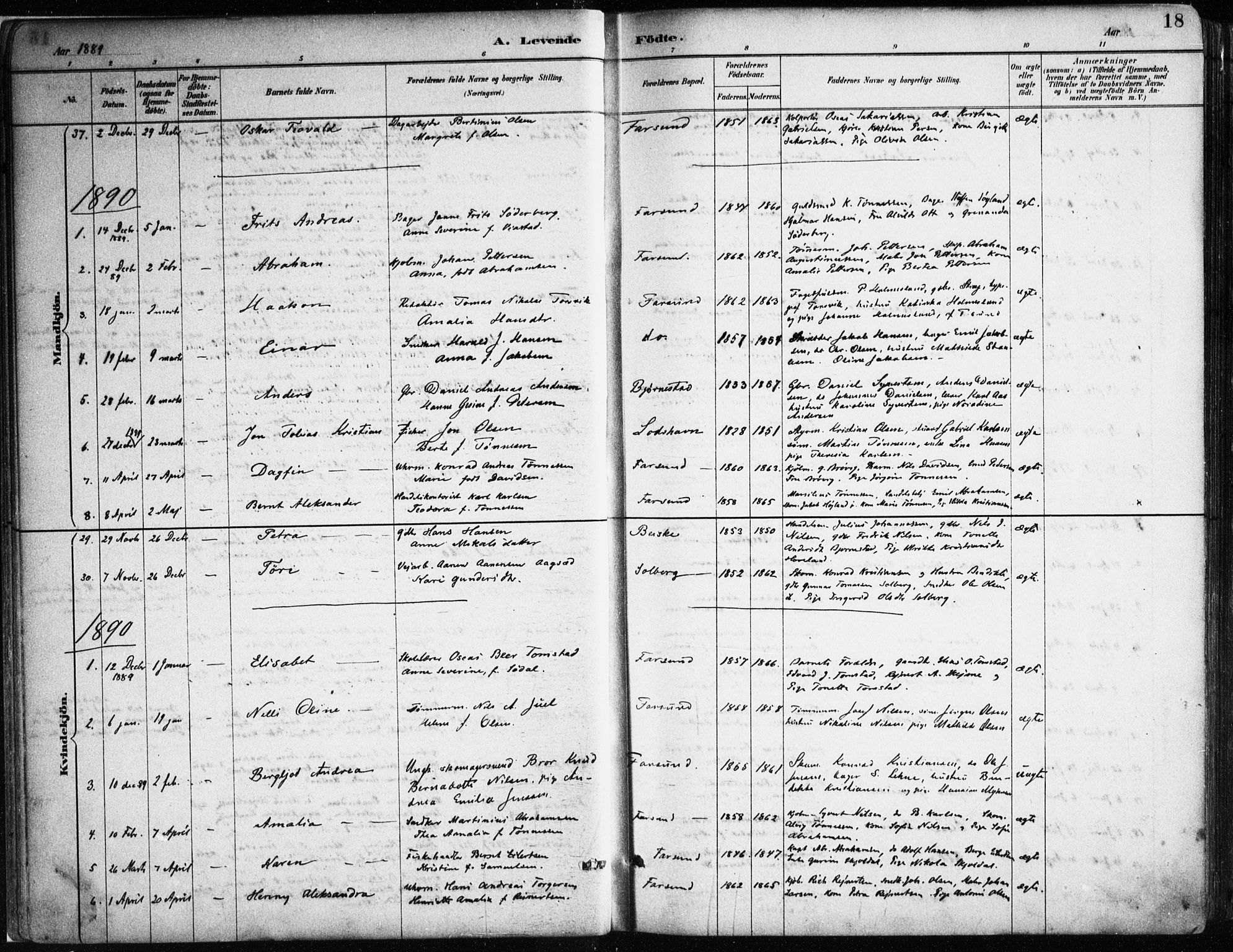 Farsund sokneprestkontor, SAK/1111-0009/F/Fa/L0006: Parish register (official) no. A 6, 1887-1920, p. 18