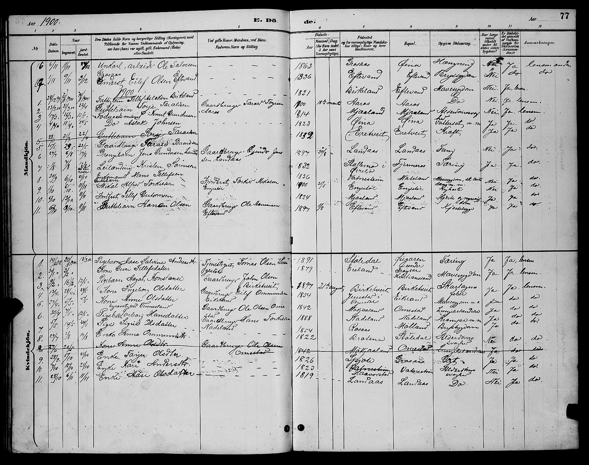 Evje sokneprestkontor, SAK/1111-0008/F/Fb/Fbc/L0004: Parish register (copy) no. B 4, 1890-1900, p. 77