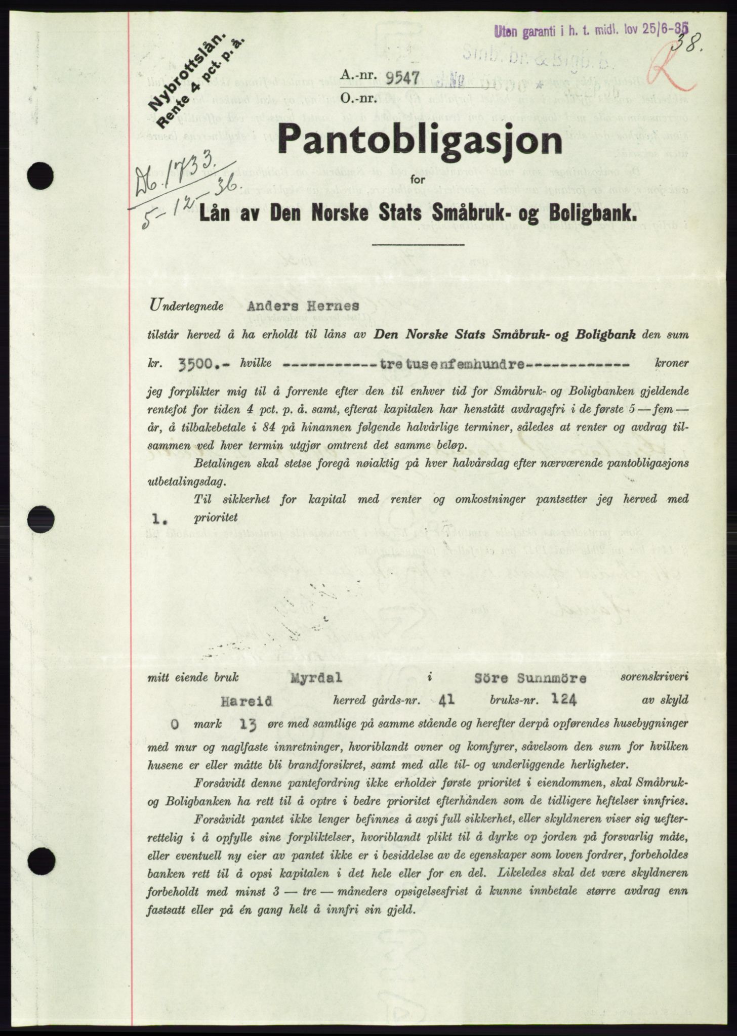 Søre Sunnmøre sorenskriveri, AV/SAT-A-4122/1/2/2C/L0062: Mortgage book no. 56, 1936-1937, Diary no: : 1733/1936