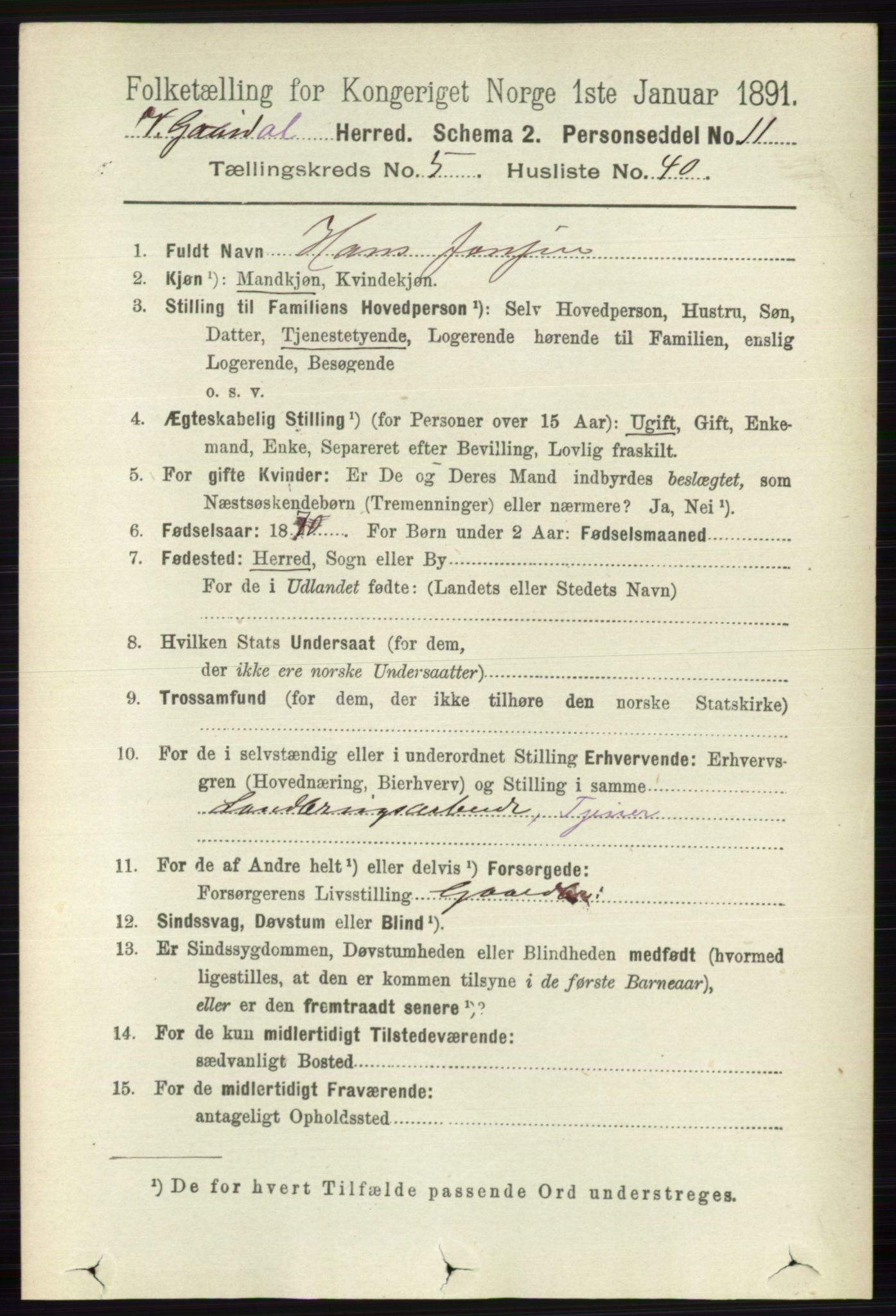 RA, 1891 census for 0523 Vestre Gausdal, 1891, p. 2396